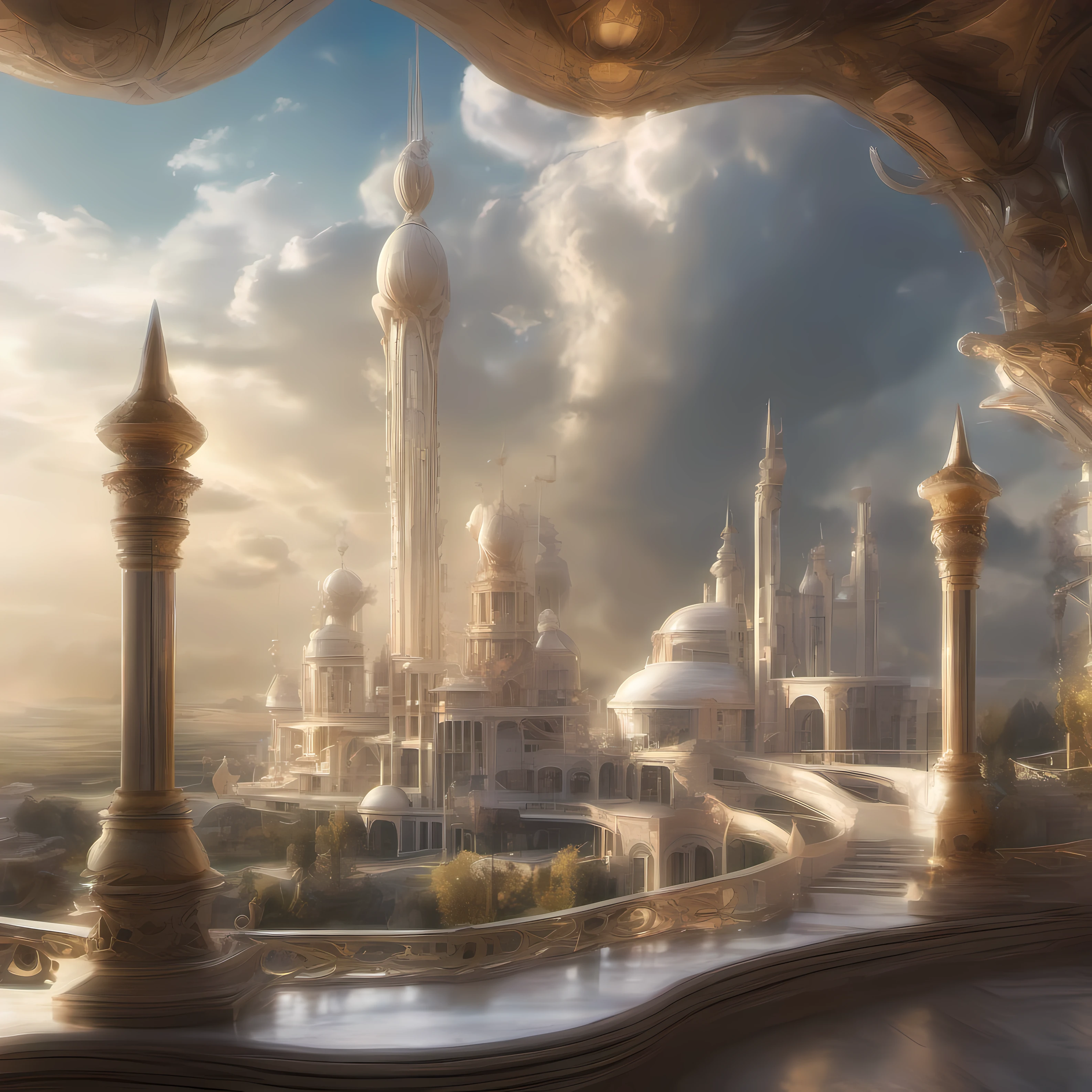 Sky City, aethereal, dream magical, big breasts beautiful, detail-rich, High-resolution architecture, flowing clouds, the soft light, Multi-level depth of field, Calm atmosphere, Group sculptures, Crafted with meticulous precision, Perfectly presented, Elegant temperament