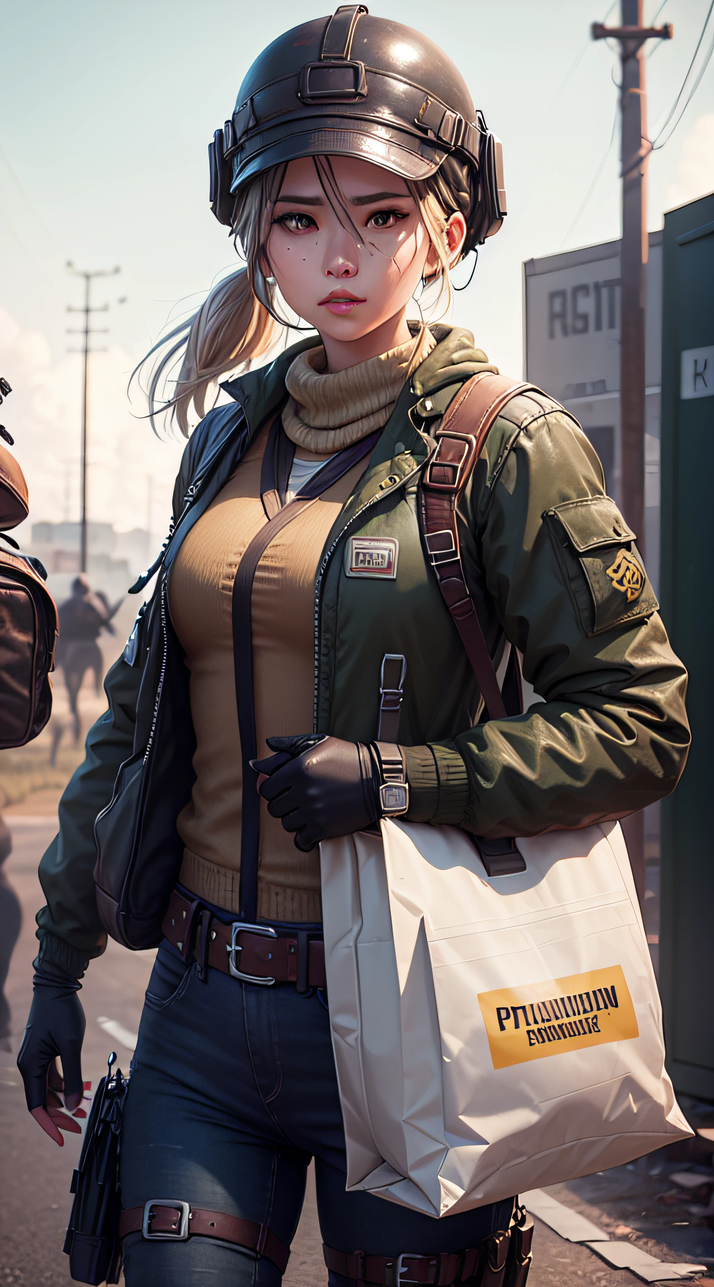 A confident PUBG character tightly holding two overflowing bags of money, meticulously detailed, and of the highest quality:1.37.