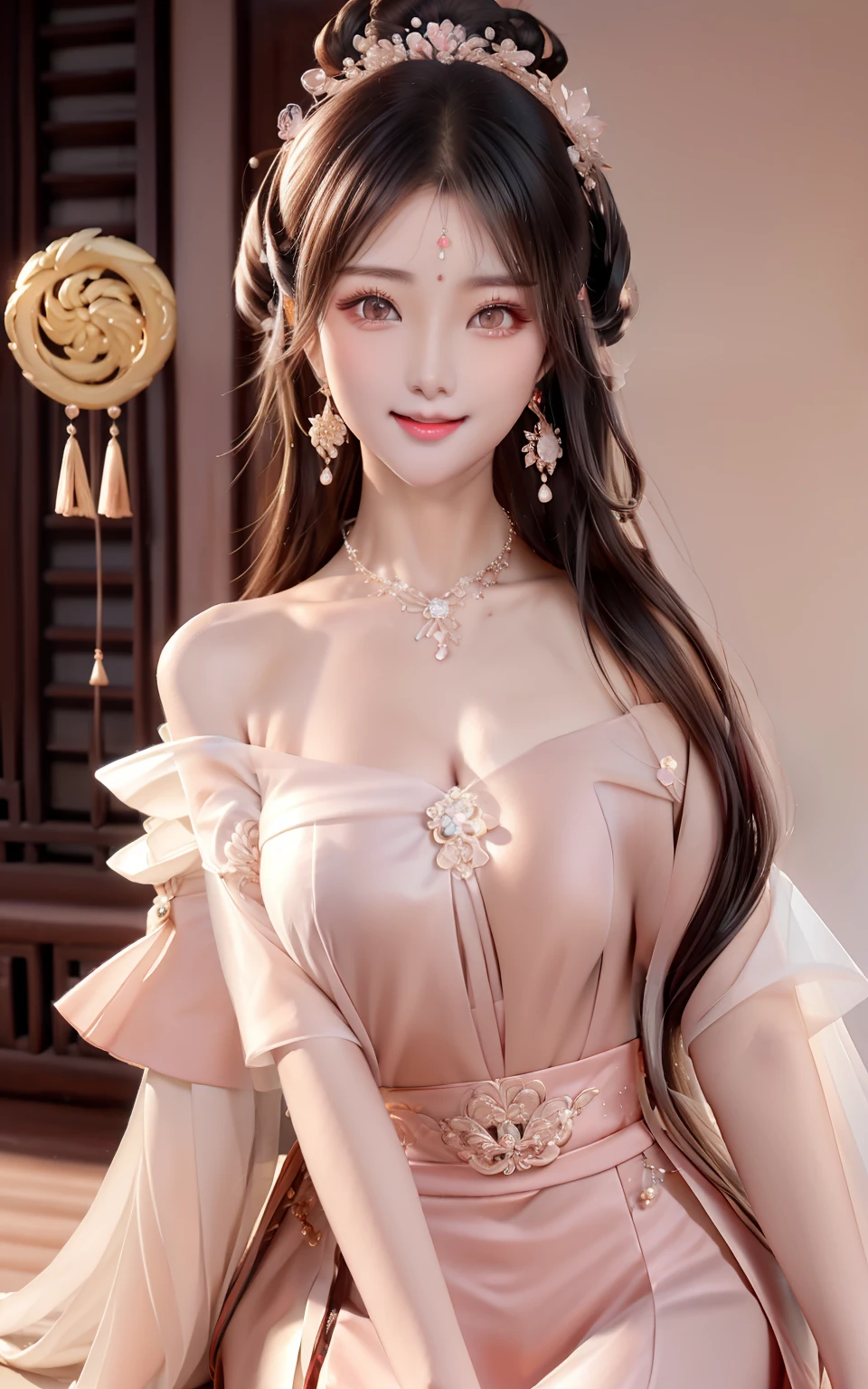 Ancient wind，high detal，8K分辨率，超高分辨率，The best picture quality beautiful girl，Peerless beauty，Extremely beautiful（，（Chinese style ancient style black flowing hair with exquisite buns）Hair bangs，（Long flowing hair，With a bun:1.3）），Delicate collarbones，beautiful make up，Exquisite and perfect facial features，，Big watery eyes，Lying silkworm，Long eyelashes，The eyes are sweet and have eye shadow，Slim waist，Do not show your hands，，(((With a sweet smile on your face:1.3)))，lipsticks，Blushlush，Delicate earring earrings，closeup of face，busts，(wearing black clothes，halter neck（With exquisite embroidery，With a shirt with large sleeves，Fresh and natural，Tranquil and beautiful，Perfect look，Perfectly refined and clear facial features（Meticulous facial portrayal），the most beautiful big eyes，beautiful pupil，long eyelasher，Delicate and beautiful makeup，Be red in the face，Moisturize pink lips，，The chest is full and rounded，Black shiny hair coiled（Chinese antique hairstyle design），Beautiful hairpin hair accessories，Beautiful earring necklace，Noble temperament，Slim waist，Slender and long legs，perfect bodies，Sexy and charming，Precise and perfect human anatomy，Facing the viewer，Inside the magnificent palace，Carved fence jade，Works of masters，tmasterpiece，Best quality at best，high high quality，A high resolution，，cinmatic lighting，depth of fields，Close-up。