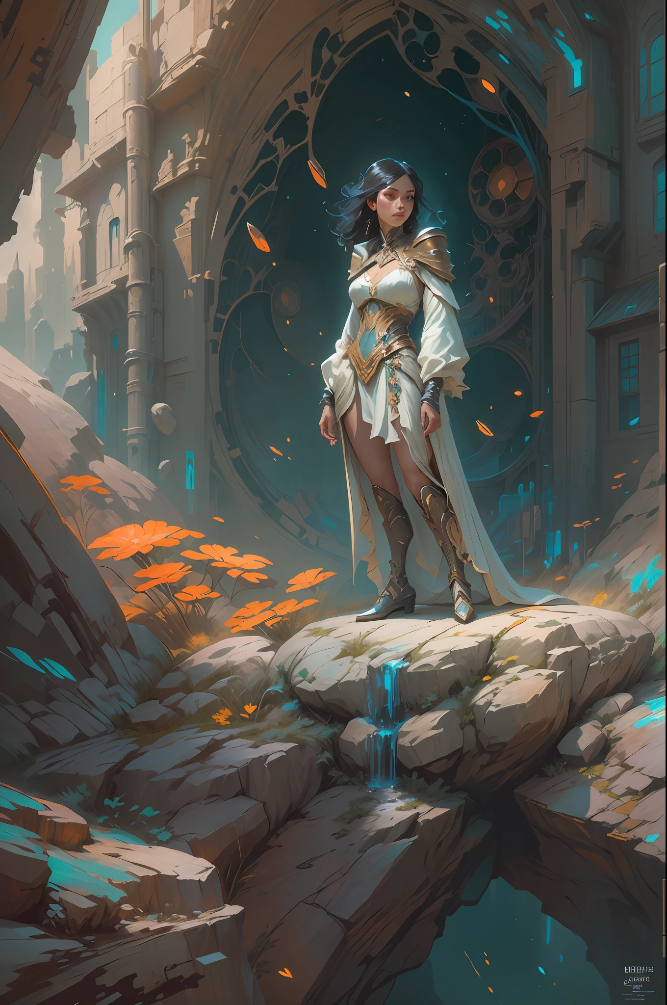 Portrait of a girl standing on a marvelous stone, standing gitl:1.2, (Low contrast ), colorfantasystyle, Oil painting on matte canvas, sharp detailed, the expanse scifi spacescape ceres colony, Intricate, Highly detailed, Digital painting, plethora of colors, smooth, Sharp focus, illustration, Unreal Engine 5, 8K, art by artgerm and greg rutkowski and alphonse mucha , art by midjourney