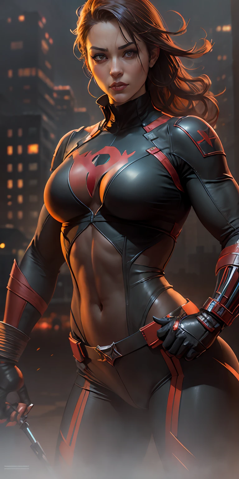 female Daredevil from Marvel, big breasts, frontal, full-length, looking at the camera, facing the audience, standing pose, Hell's Kitchen background, three-dimensional light, detailed full-body concept, sleek digital concept art, beautiful full-body concept art, art trend, CGsociety full-length,