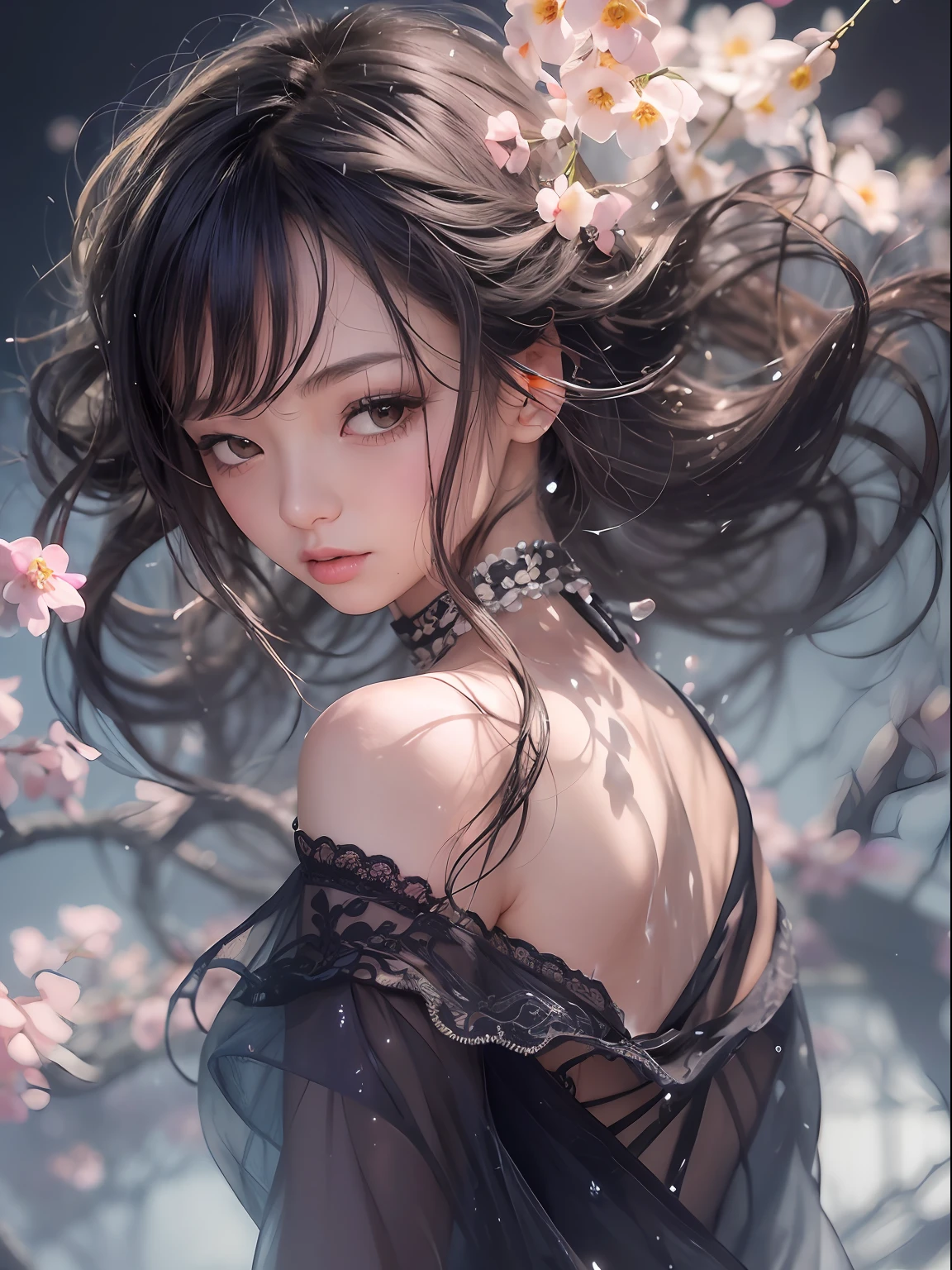 loose outfit、Show shoulders、Dark Color String Dress、How to wear a black gown、Decorated with intricate patterns and bright colors、Transparent material that makes the skin shine、Artistic depiction of seductive woman in gown with wet thin cloth and transparent skin, Floral and fantastic pattern with flowing silky traditional see-through skin。Her dress draped elegantly around her curvaceous figure、Emphasizes her charming silhouette。She's a gentle fireworks night、Dynamic Posing、Sexy Posing、bathed in the soft glow of moonlight。The scene is、With a hint of mystery and sensuality、It exudes an ethereal dreamy atmosphere。The image style is、Incorporates a blend of watercolor and digital illustration techniques.、It makes you feel delicate beauty and charm。Soft moonlit lighting、Cast gentle highlights and shadows on her mesmerizing features。Dynamic Posing、Bold poses、The hand is somewhere、see -through、show through、A sexy、Wet hair、Wet、(cherry trees、flower petals、cherryblossom、The cherry tree、Sakura Snowstorm 1.5)、buried、Transparent skin、Wet clothes、(Chest 1.2)、Navel Ejection、Swaying in the wind、Burgundy、pale red、(Slouch 1.5)、Lace colors、lace choker、a choker、Lie on your back on the surface of the water、New lining、