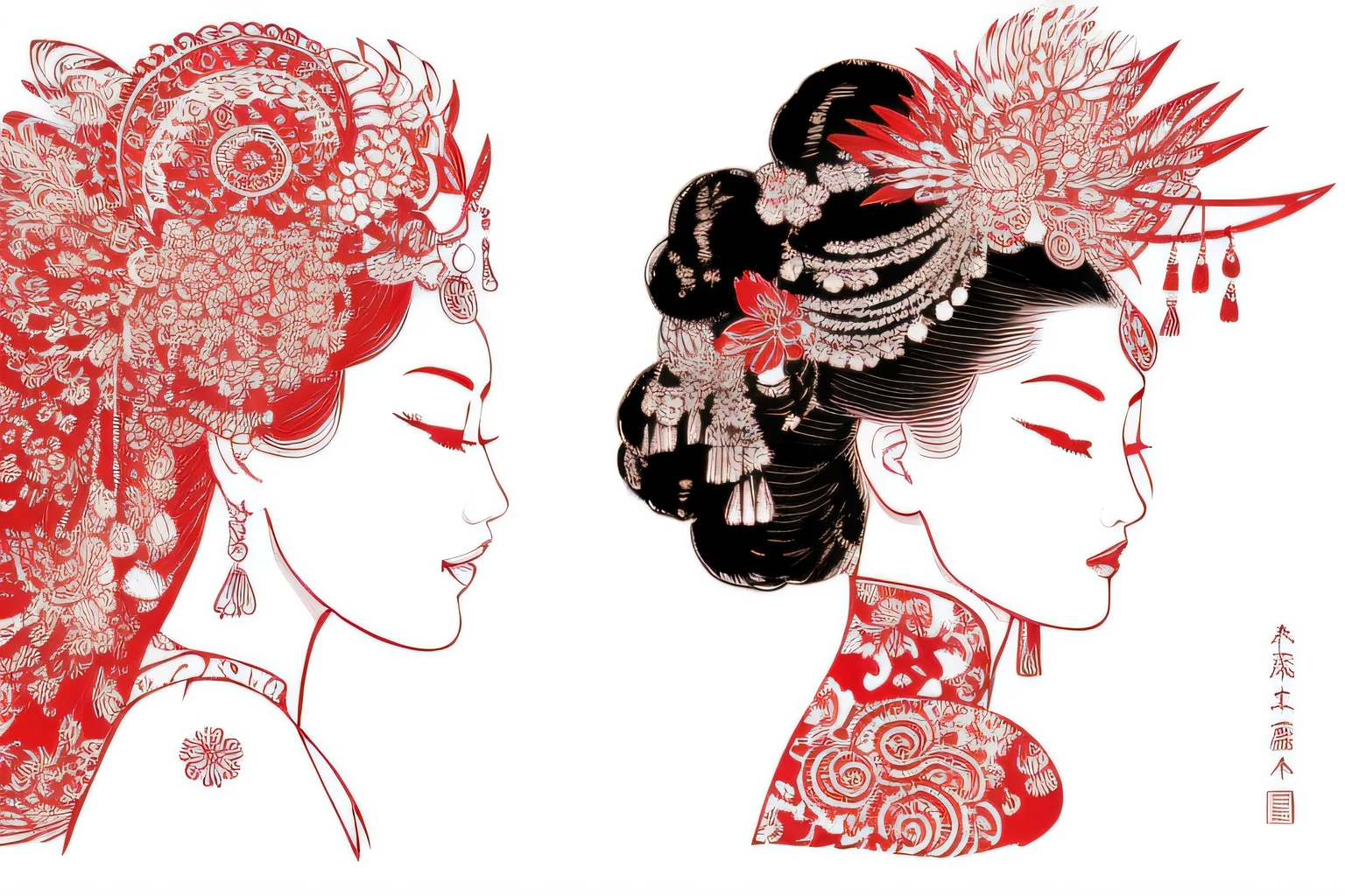 Two red and white illustrations of a woman with hair in oriental style, red adornments, red adornments, exquisite line art, red magic surrounds her, ancient china art style, Intricate portrait design, author：Bjorn Wimbled, Gorgeous patterned figures, chinese brush pen illustration, line art illustration, side profile artwork, intricate beautiful faces