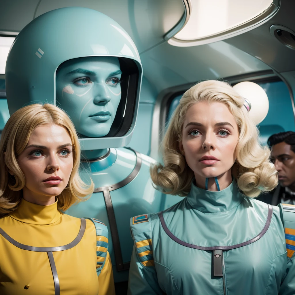 4k image from a 1960s science fiction film by Wes Anderson, Filme O Grande Hotel Budapeste, pastels colors, Young people wearing retrofuturistic alien masks and holding colorful suitcases and chests on the bus, Retro-futuristic fashion clothes from the 60s with old robots, Luz Natural, Psicodelia, futurista estranho, retro-futurista, photo-realistic, Sharp background details.