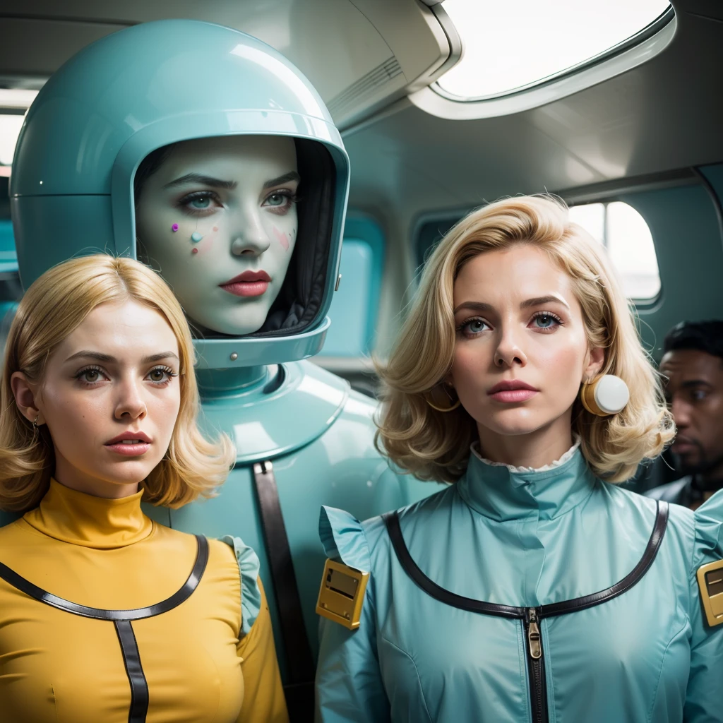4k image from a 1960s science fiction film by Wes Anderson, Filme O Grande Hotel Budapeste, pastels colors, Young people wearing retrofuturistic alien masks and holding colorful suitcases and chests on the bus, Retro-futuristic fashion clothes from the 60s with old robots, Luz Natural, Psicodelia, futurista estranho, retro-futurista, photo-realistic, Sharp background details.