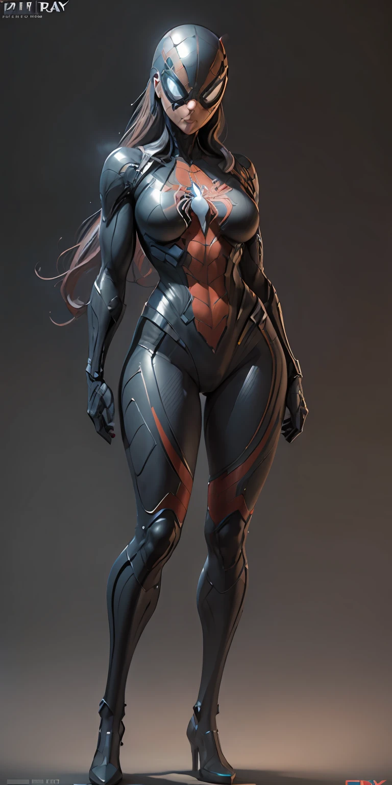female Spider-man from Marvel, big breasts, frontal, full-length, looking at the camera, facing the audience, standing pose, simple background, three-dimensional light, detailed full-body concept, sleek digital concept art, beautiful full-body concept art, art trend, CGsociety full-length,