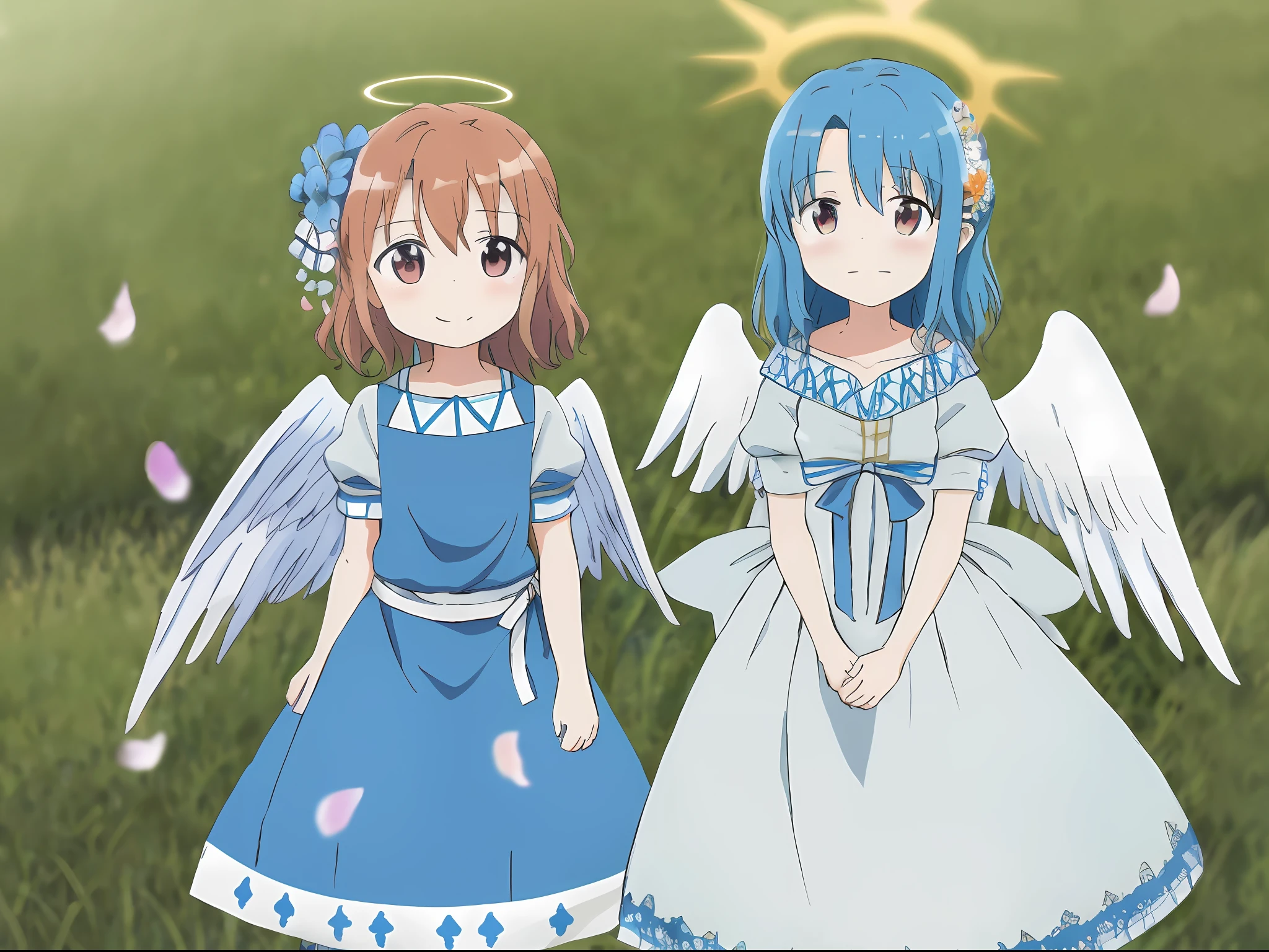 MFB Style; ventania, blue baptism dress, flower hairstick, Blue hair; Masterpiece; Detailed; Reflective; Depth of field; 8K; Photo; northern side; baptism ceremony; petals; Angel wings; Halo; Night；Hoshino grass sauce