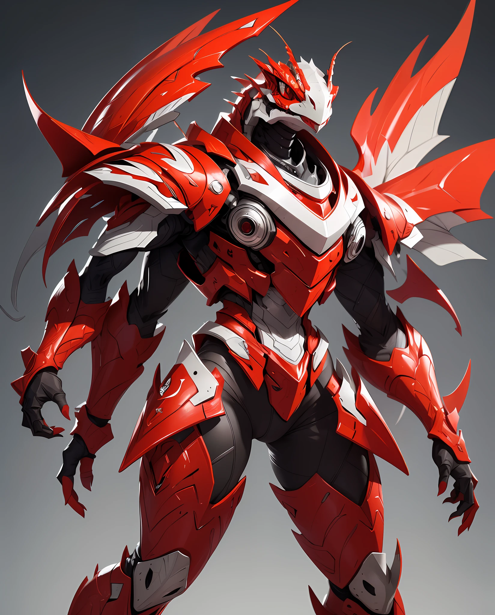Anthropomorphic Lizard, light grey scales, full body red insect-like armor, red and white beetle-like wings, mighty red pinsers, masterpiece, best quality