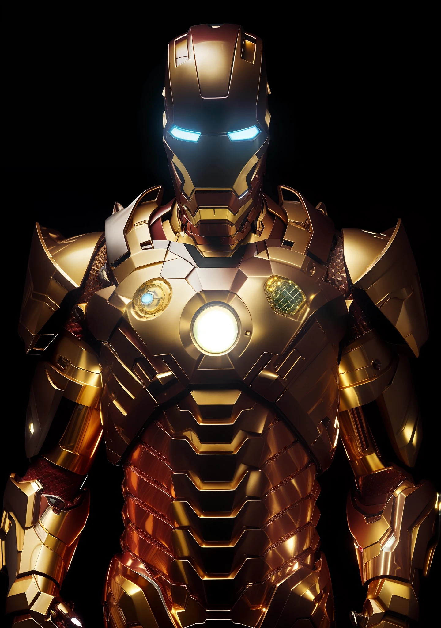 Un primer plano de una estatua de oro de Iron Man con una luz encendida, Armadura dorada, Gold SCI - Armadura FI, Luces brillantes en armadura, Cyberpunk Iron Man, Luz que sale de la armadura, Steampunk Iron Man, Armadura dorada usando, Hombre de Hierro, Armadura de oro, Armadura dorada con diamantes, Como Ironman, Elegante armadura dorada, Armadura dorada y de cobre, LED - Armadura iluminada