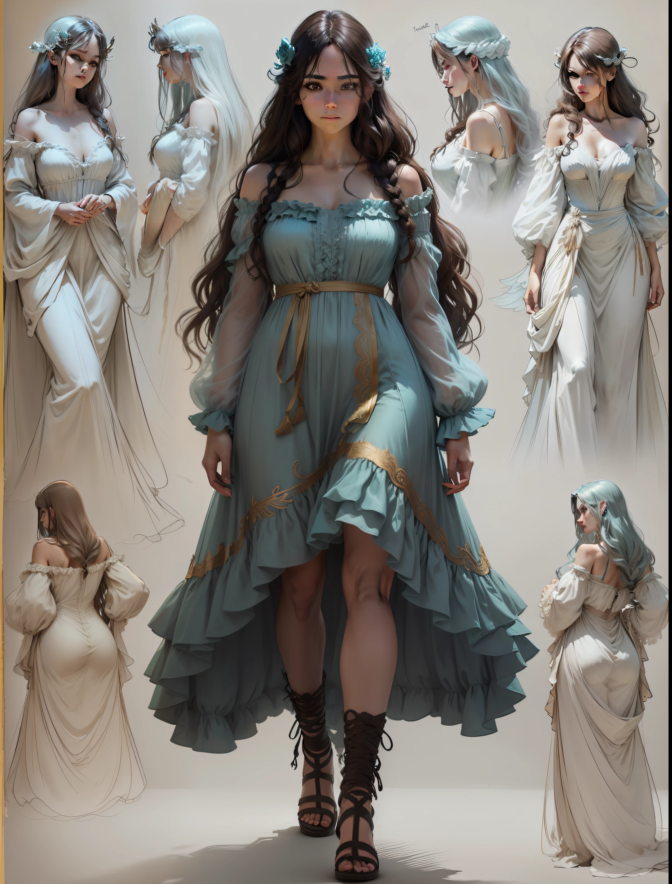 front view of face and full body head to toe angel woman facing the camera, full color Sketch book, highly detailed hand drawn, light, realistic sketch, light teal and gold chiffon linen and flowing gossamer with ruffled silk under garments dress braded dark brown hair Rough sketch, mix of bold dark lines and loose lines, bold lines, on paper, beautiful angel facing camera, character model sheet, back view included on character sheet. female, Full body, runes, light hero theme, flowing partially braided hair, beautiful 8k photorealistic