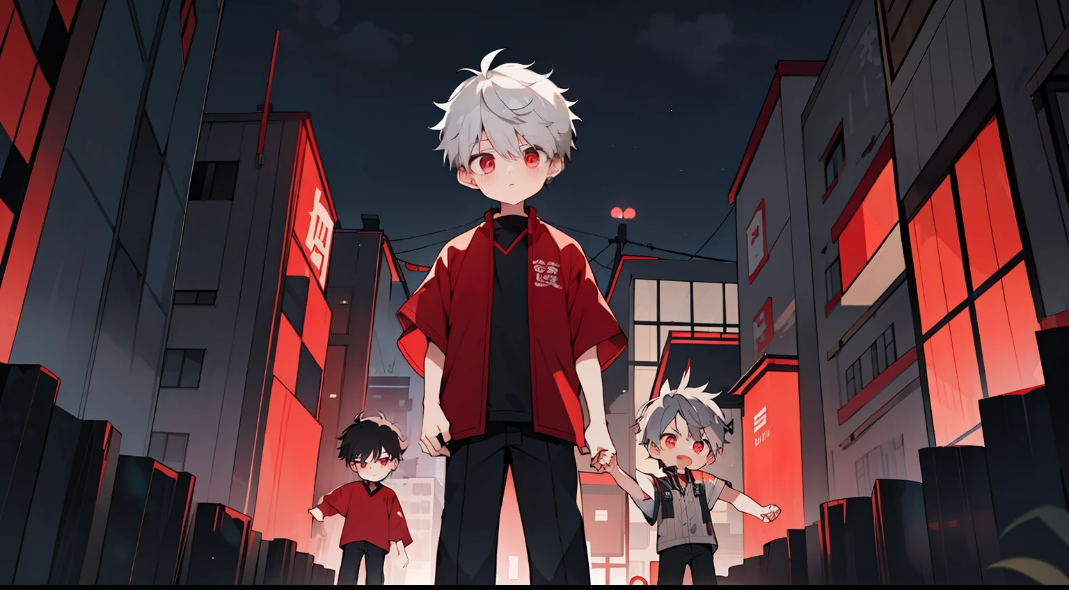 , 1boys, 独奏, Curta, younge boy, Short gray hair, red eyes, Stood there with a terrified face,the night, buildings, smog
