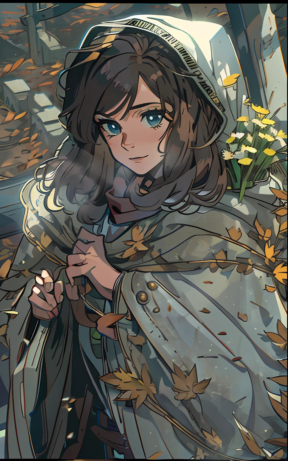 独奏.     sharp sharp focus, 1 girl worth (Flowers, a tree), En plein air, rocks, looking a viewer, Eye delight, soft smile, clean, beautifully detailed face and eyes, hairlong, extra very long hair, soft face, forehead,   In the foreground is a thirty-year-old girl, in a long cloak, long dark hair, hande, Raised to the sky, Two transparent stones in the sky,  looks at a sword stuck in the floor, Sitting on a throne, an intricate, Pattern, Realistic fantasy, 7K,A hyper-realistic, hyper-detailing, analog style, The wind whirls the leaves, The leaves are twisted into a spiral, The leaves fall off, , humble, An old cloak, detailed skin, Matte skin, soft-lighting, sub-surface Scattering, Realistic, Heavy shadow, Masterpiece, Best Quality, ultra realistis, 8K, the golden ratio, Intricate, high detail, Film photography, soft focus, Lonely girl in a raincoat with a hood on her head, An old scarf, wrapped around the head, Detailed appearance, Четкость 8 K, A huge loose rope weighs in front, In his hands, He's holding a huge rope, A whirlwind of leaves beneath your feet, BREAK , Illustrate a monochromatic world with the addition of green, Use only shades of black, White & gris, To convey depth, Emotions and striking visual impact. Landscapes."street fighter", in the style of 0MIB, many people, slums
