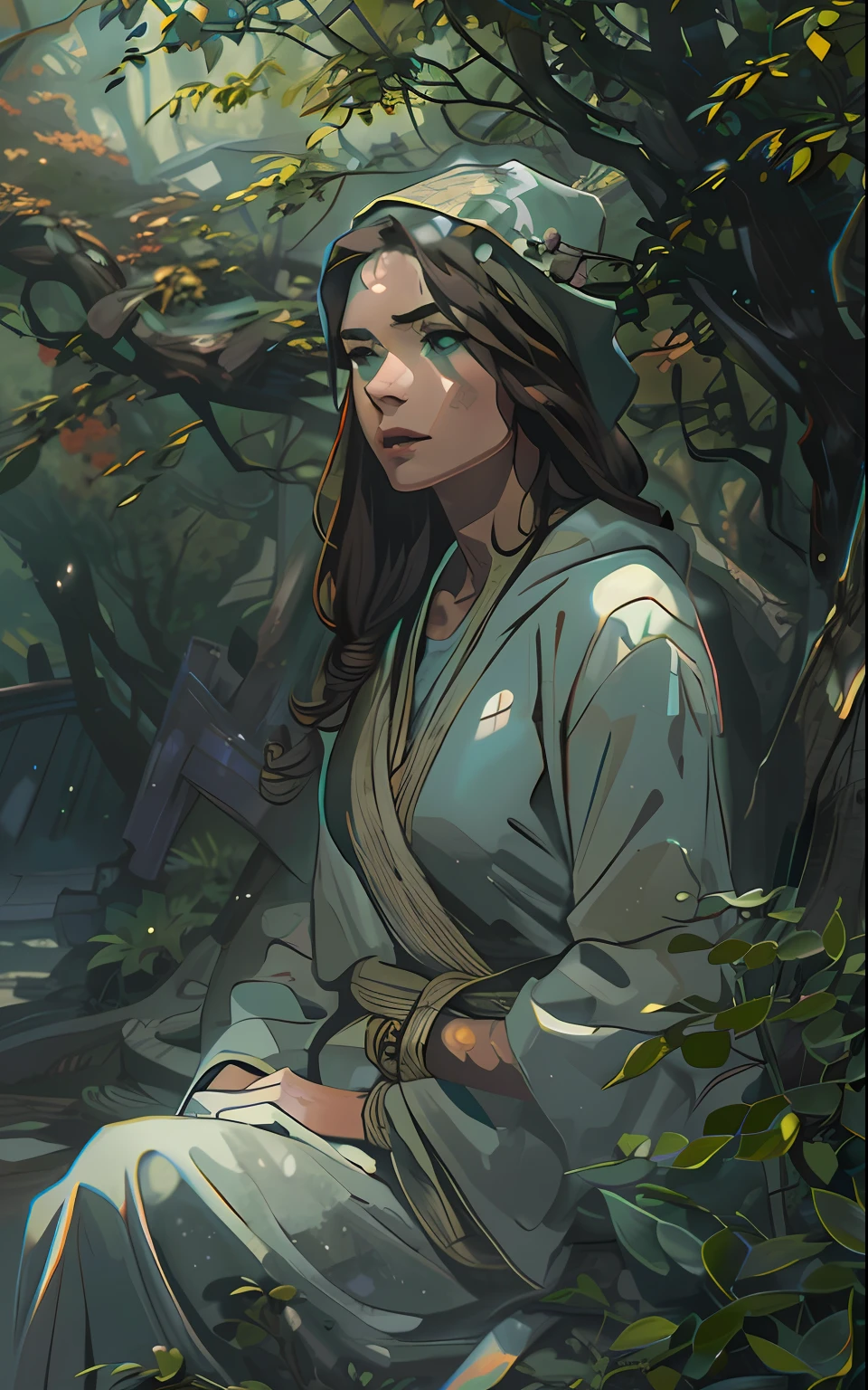 独奏.     sharp sharp focus, 1 girl worth (Flowers, a tree), En plein air, rocks, looking a viewer, Eye delight, soft smile, clean, beautifully detailed face and eyes, hairlong, extra very long hair, soft face, forehead,   In the foreground is a thirty-year-old girl, in a long cloak, long dark hair, hande, Raised to the sky, Two transparent stones in the sky,  looks at a sword stuck in the floor, Sitting on a throne, an intricate, Pattern, Realistic fantasy, 7K,A hyper-realistic, hyper-detailing, analog style, The wind whirls the leaves, The leaves are twisted into a spiral, The leaves fall off, , humble, An old cloak, detailed skin, Matte skin, soft-lighting, sub-surface Scattering, Realistic, Heavy shadow, Masterpiece, Best Quality, ultra realistis, 8K, the golden ratio, Intricate, high detail, Film photography, soft focus, Lonely girl in a raincoat with a hood on her head, An old scarf, wrapped around the head, Detailed appearance, Четкость 8 K, A huge loose rope weighs in front, In his hands, He's holding a huge rope, A whirlwind of leaves beneath your feet, BREAK , Illustrate a monochromatic world with the addition of green, Use only shades of black, White & gris, To convey depth, Emotions and striking visual impact. Landscapes."street fighter", in the style of 0MIB, many people, slums