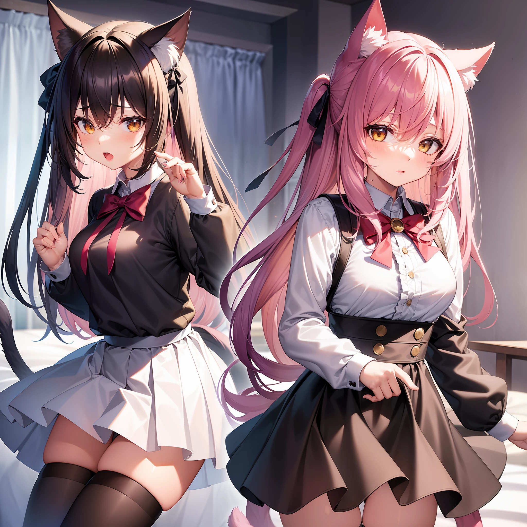 (Best quality),(Detailed), (1 girl),Kizi,a cat tail,There are cat ears on the top of the head,white thighhighs, short detailed hair,Medium breasts,JK school uniform