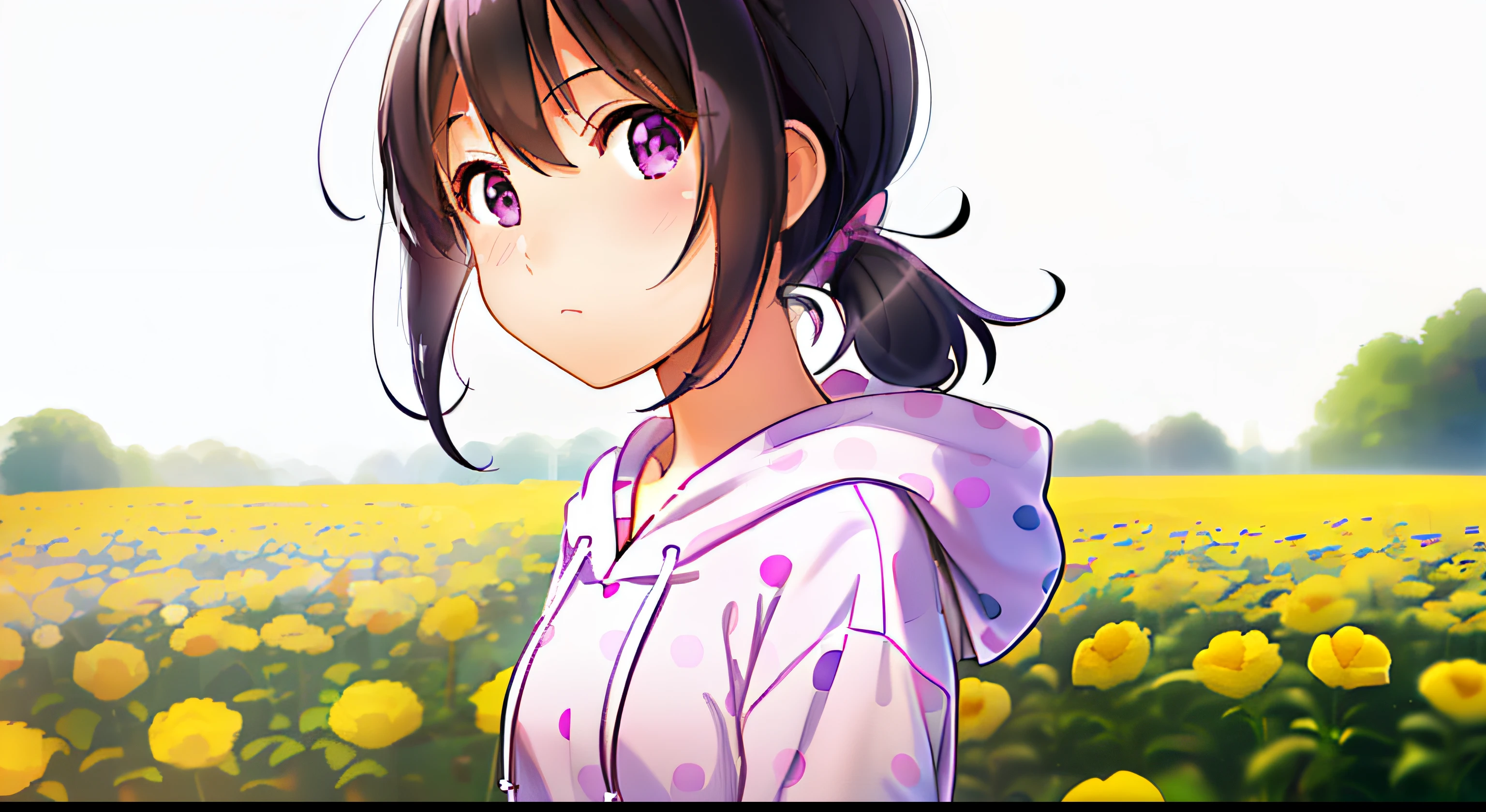 1girl, solo, cg art, sakaki, very short ponytail black hair, small to medium breast, purple eyes, (white hoodie with pink polkadots), (casual clothes), looking at viewer, white and yellow flower garden, close face, lighting