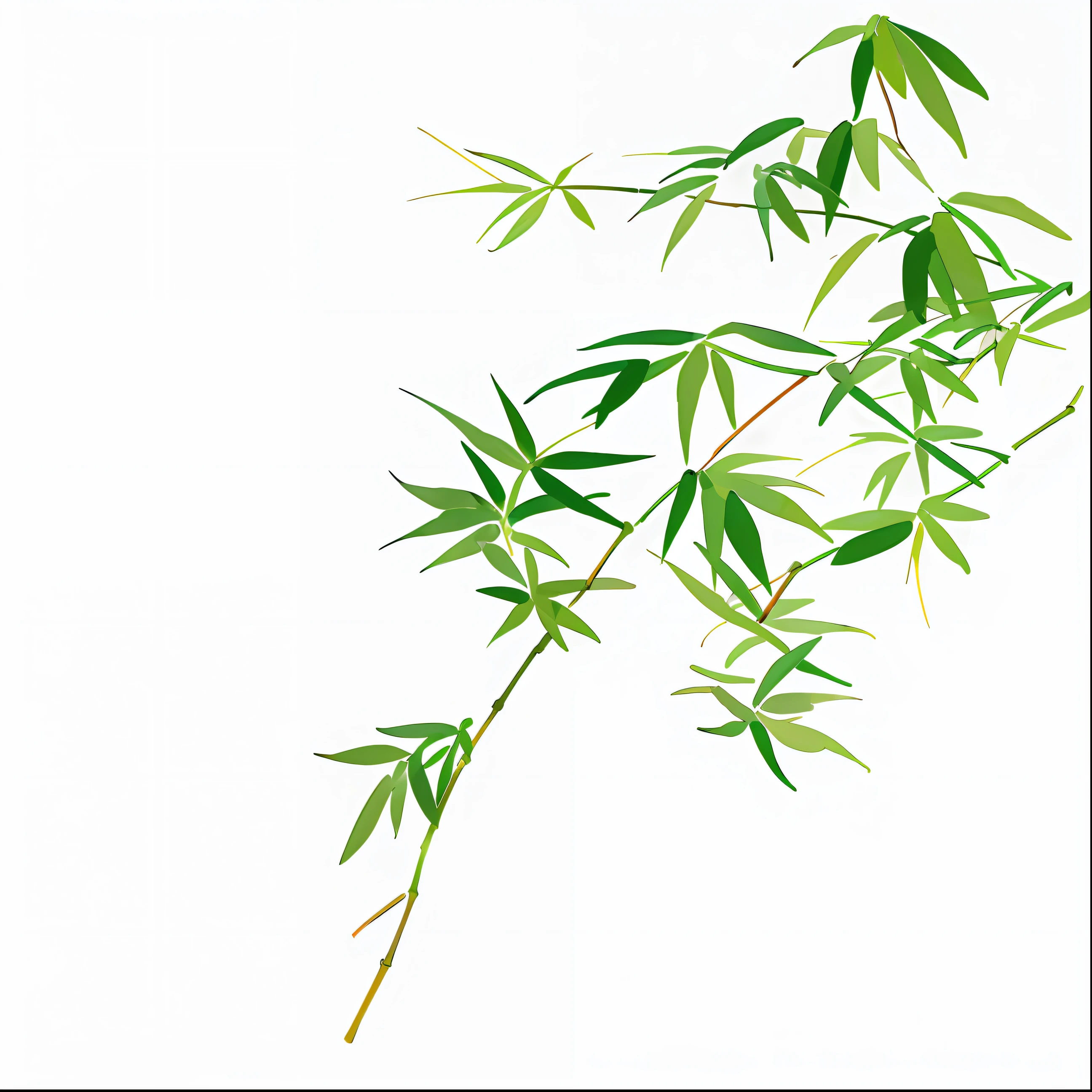 There is a picture of a bamboo branch, bamboos, Chinese painting style, With green hemp leaves, Bamboo, willow plant, branches and foliage, Simple illustration, hd illustration, Weed background, Chinese watercolor style, A illustration, green plant, On a gray background, made of bamboo, highly detailed green leaves, leaves on branches, green leaf