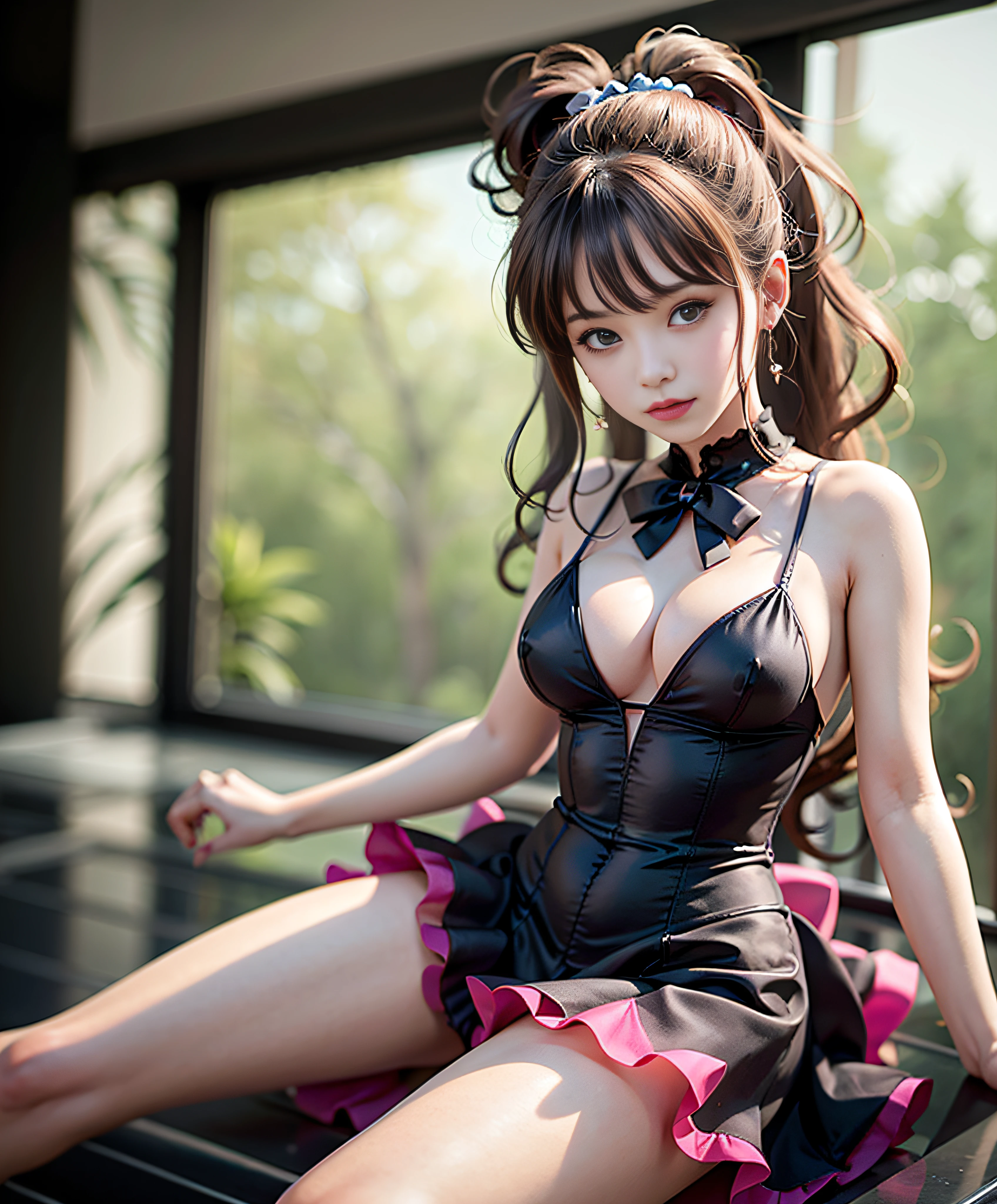 女の子1人、Idol、stage、solofocus、((Mini See-Through Dress))、elbow dress、Black Niso、Pink ruffles、a miniskirt、bow ribbon、One leg raised、Floating hair、Looking at the camera、frontage、spot light、Dynamism、thighs thighs thighs thighs、Glossy skin
