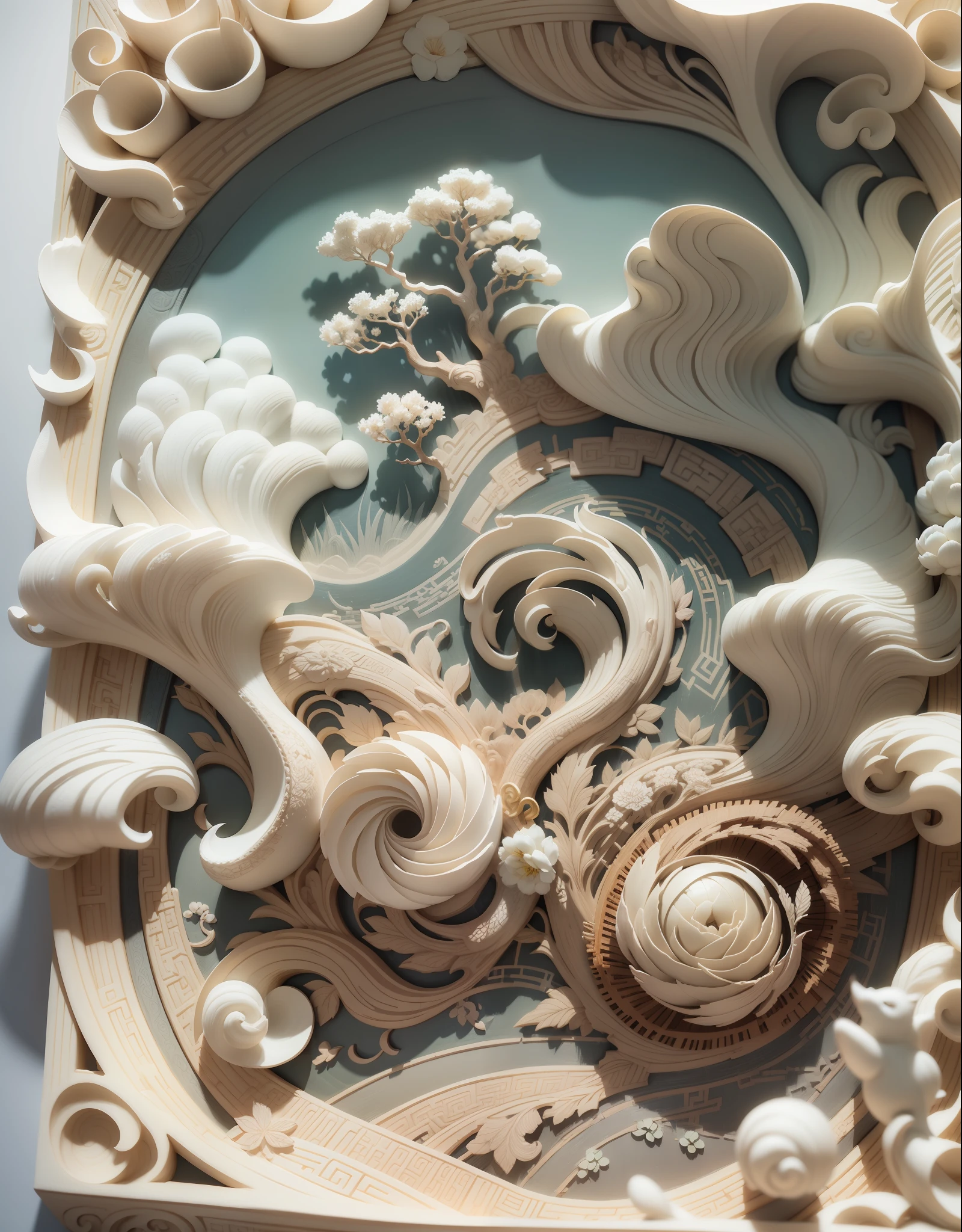 3D relief, meticulously carved, ivory carving, Chinese illustration on white background, pastel, traditional Chinese style, oriental landscape painting, multidimensional paper fog crafts, paper illustration, super wide angle view, dreamy, 8K, romantic, high resolution, 8k