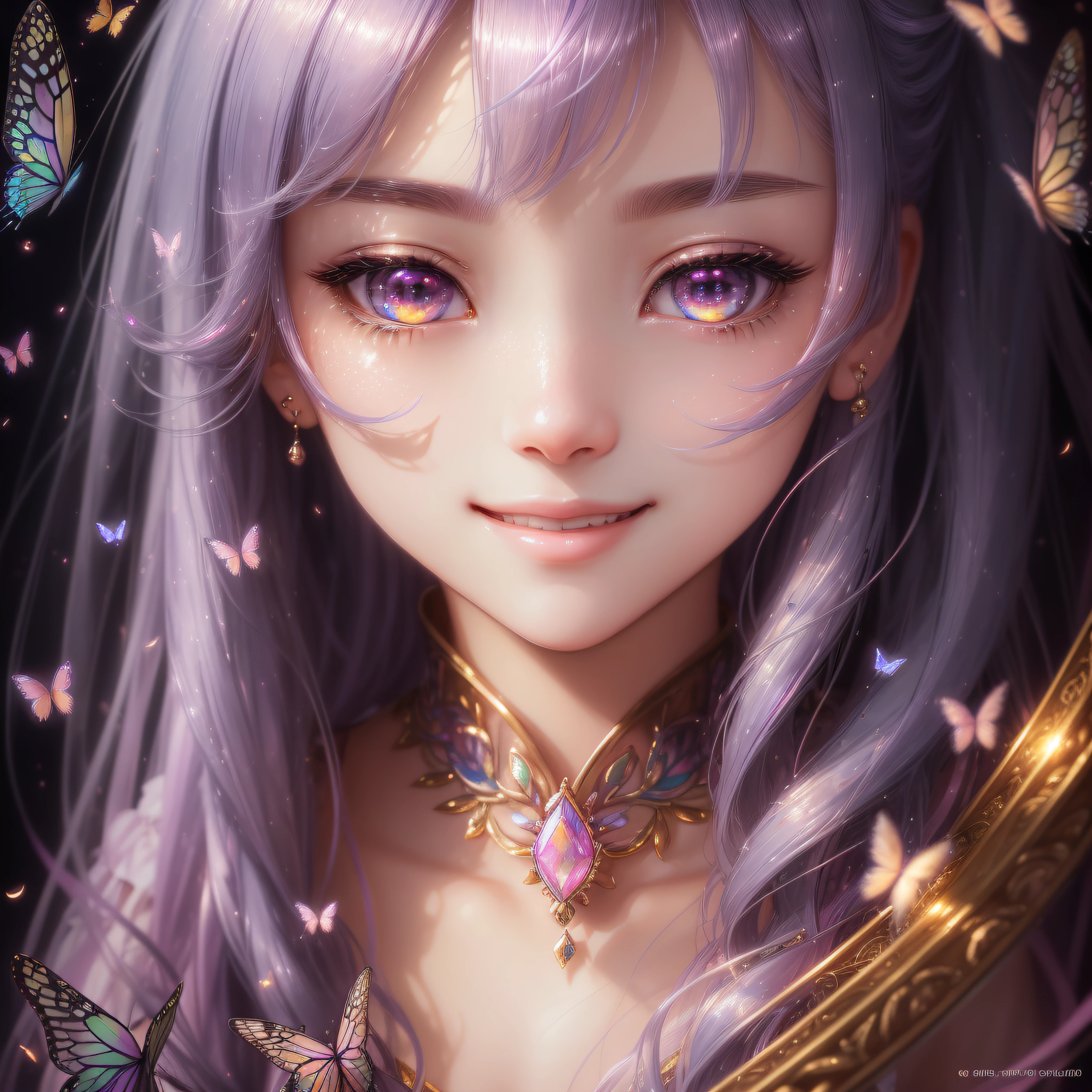 Close up of a smile with the corners of the mouth raised、Close up of a smile with the corners of the mouth raised、Close up of a smile with the corners of the mouth raised、close up of face、close up of face、close up of face、round and clear eyes、Shining eyes、Shining eyes、Beautiful 22 year old woman、dreamlikeart、Highly detailed airbrush art(((Surreal))、intricate detailes、Volumetric lighting、(​masterpiece:1.2)、(top-quality)、（The ultra-detailliert)、(The composition of the movement:1.4)、Highly detailed colorful details、(Irridescent color:1.2)、(Bright lighting)、dream-like、Magical、dynamic compositions、Ray traching、The mirror reflects light、Shallow depth of field、ultra-detailliert、mixing  exposure、nffsw、Super masterpiece、vivd colour、colourfull、One woman's face、(Cute cat in clothes)、Anthropomorphic representation、Rich colors、exquisitedetails、（masutepiece,Best Quality:1.5), (butterflys,Exquisite butterflies,Ultra CG), (High resolution:1.5)、(Big eyes、Iridescent eyes、Shining eyes、Eye Gloss）（Smile with the corners of your mouth raised、Open mouth、lipgloss）、（bangss、Silver-pink hair）、The glow of the sun、The golden flame that colors the heavens burns、The sun shines like a diamond、