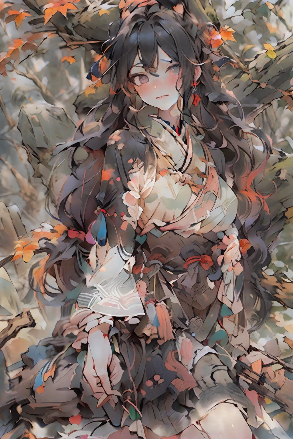 Bent, (upper-body: 1,5), (whitebackground: 1,4), ((tachi-e)), Original, (illustartion: 1.1), (beste-Qualit), (tmasterpiece: 1.1), (чрезвычайно детализированные обои CG unity 8k: 1.1), (colored: 0,9), (Panoramic shot: 1,4), (full length: 1,05), (独奏: 1,2), (ink splash: (splashes of colour), (watercolour)), sharp sharp focus, 1 girl 35 years old, Sits , TRON, air, Stones hanging, (stones, a tree), En plein air, Ao fundo, rocks, looking a viewer, Eye delight, soft smile, clean, beautifully detailed face and eyes, hairlong, Very long weaving hair, soft face, forehead