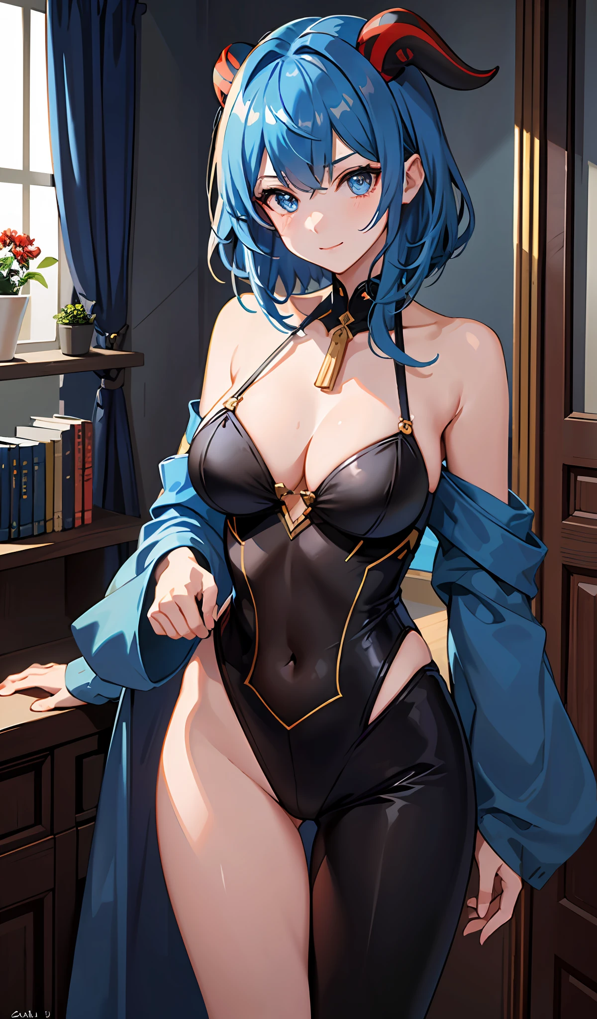 Ganyu_Genshin,blue color eyes,(short detailed hair)A high resolution,(Close-up of the face 1.2),sportrait,Red horns,Large breasts,A sexy pose,(Off-the-shoulder outfit1.5),(Short light blue hair1.2),ultra - detailed,Solo,(1girll:1.3),black undersuit,(Large breasts 1.3),(cleavage 1.5),(black in color )ganyudef, The upper part of the body, ssmile, Be red in the face,bedroom background,bookshelves,Greenery