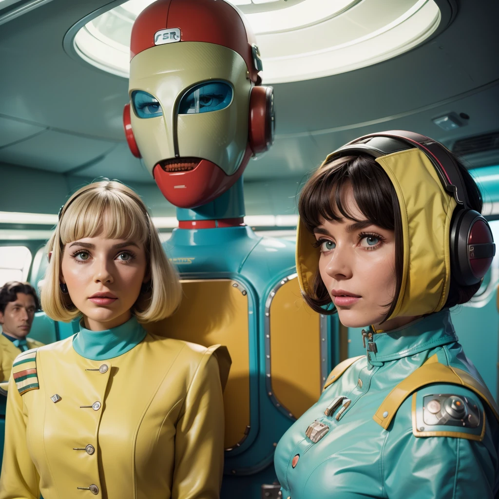 4k image from a 1960s science fiction film by Wes Anderson, Filme O Grande Hotel Budapeste, pastels colors, Young people wearing retrofuturistic alien masks and holding colorful suitcases and chests on the bus, Retro-futuristic fashion clothes from the 60s with old robots, Luz Natural, Psicodelia, futurista estranho, retro-futurista, photo-realistic, Sharp background details.