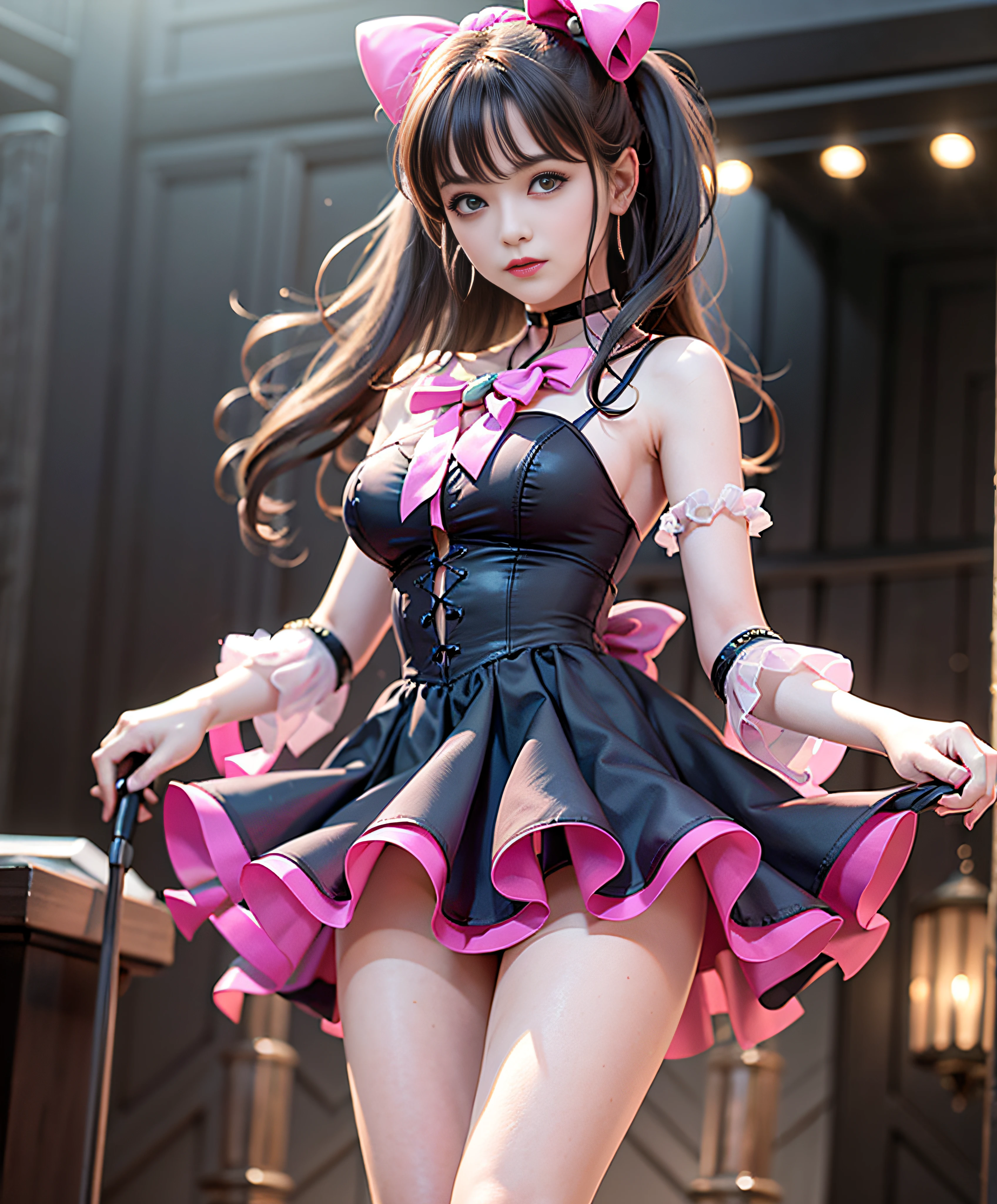 女の子1人、Idol、stage、solofocus、((Mini See-Through Dress))、elbow dress、Black Niso、Pink ruffles、a miniskirt、bow ribbon、One leg raised、Floating hair、Looking at the camera、frontage、spot light、Dynamism、thighs thighs thighs thighs、Glossy skin