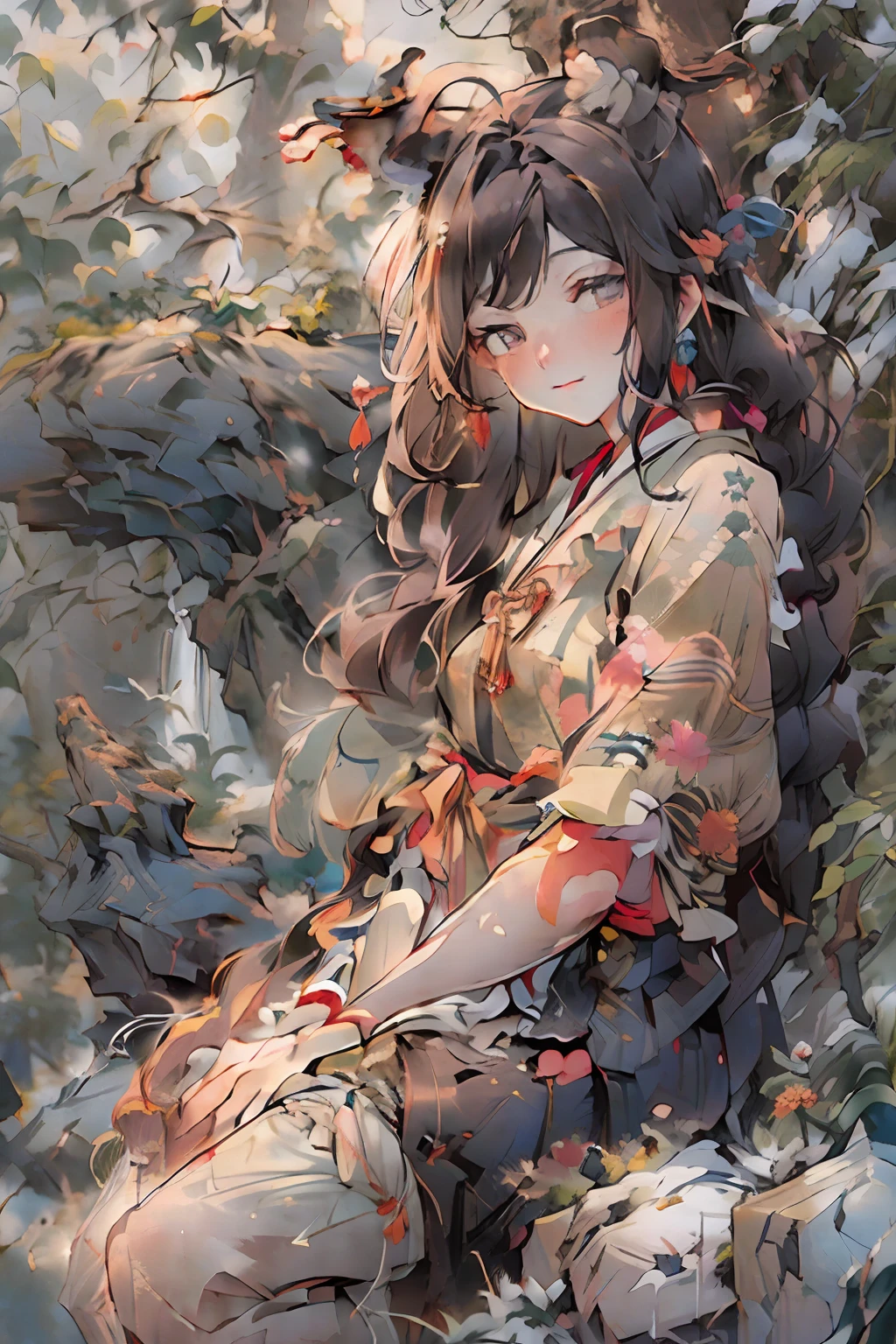 Bent, (upper-body: 1,5), (whitebackground: 1,4), ((tachi-e)), Original, (illustartion: 1.1), (beste-Qualit), (tmasterpiece: 1.1), (чрезвычайно детализированные обои CG unity 8k: 1.1), (colored: 0,9), (Panoramic shot: 1,4), (full length: 1,05), (独奏: 1,2), (ink splash: (splashes of colour), (watercolour)), sharp sharp focus, 1 girl 35 years old, Sits , TRON, air, Stones hanging, (stones, a tree), En plein air, Ao fundo, rocks, looking a viewer, Eye delight, soft smile, clean, beautifully detailed face and eyes, hairlong, Very long weaving hair, soft face, forehead