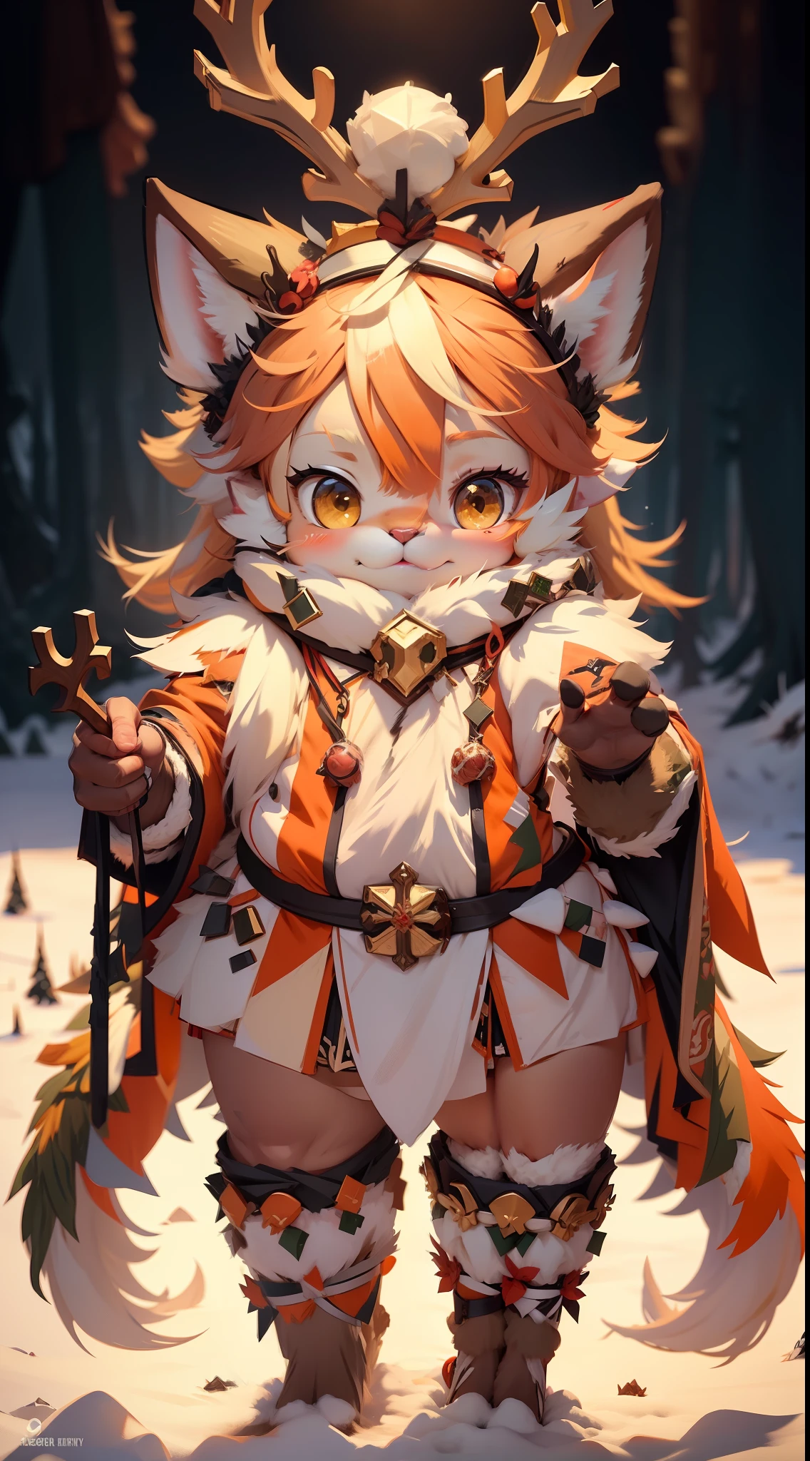Reindeer antlers,Reindeer ears,Reindeer tail,Reindeer legs are fluffy:2 furry beastmen,Best quality at best,high detal,Light lips,Realistic movie lighting kawaii cute 1 girl yellow hair coral eyes,Slightly fat,Furry,fleshy feeling