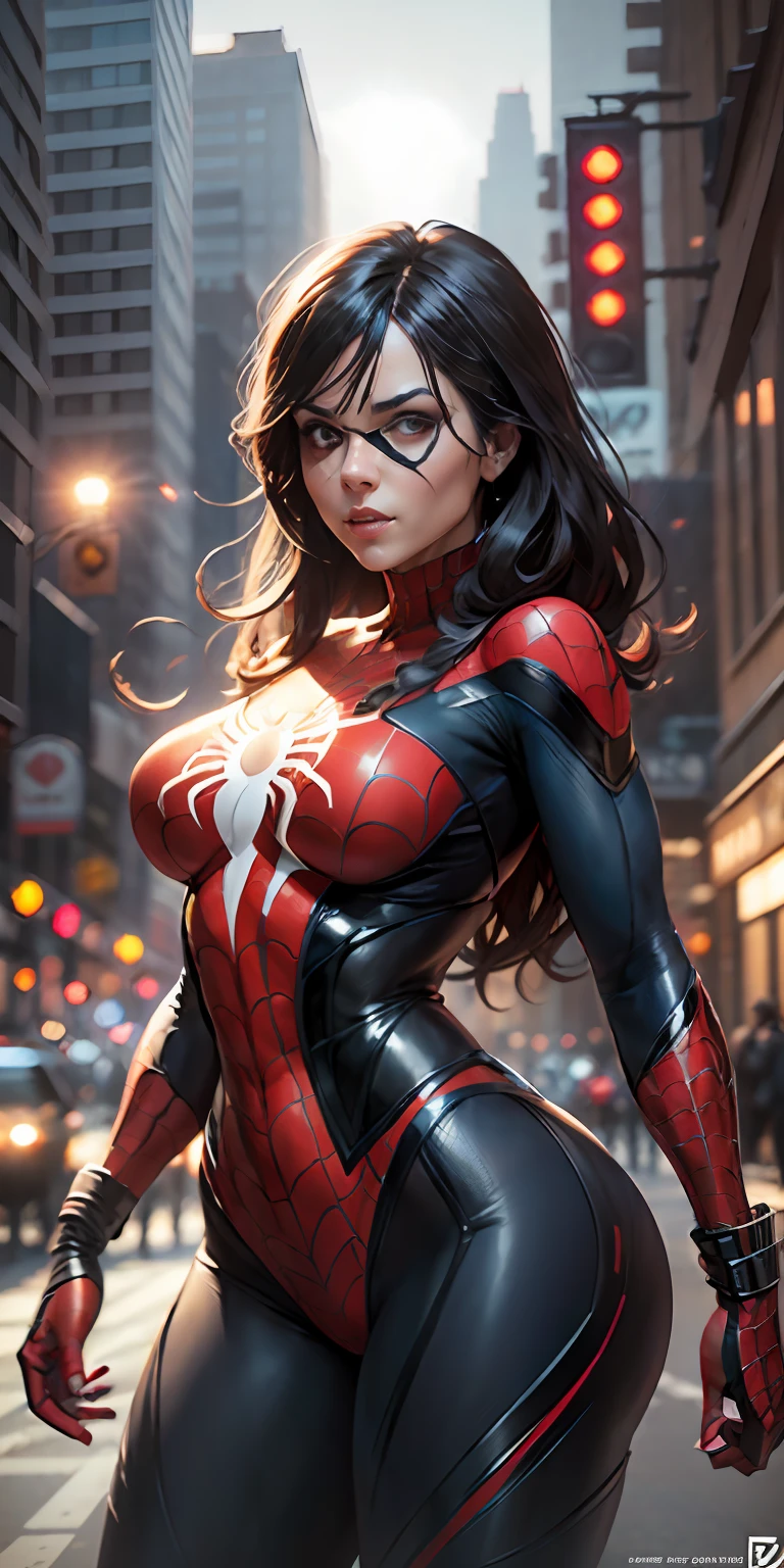 female Spider-man from Marvel, big breasts, frontal, full-length, looking at the camera, facing the audience, standing pose, Manhattan background, three-dimensional light, detailed full-body concept, sleek digital concept art, beautiful full-body concept art, art trend, CGsociety full-length,