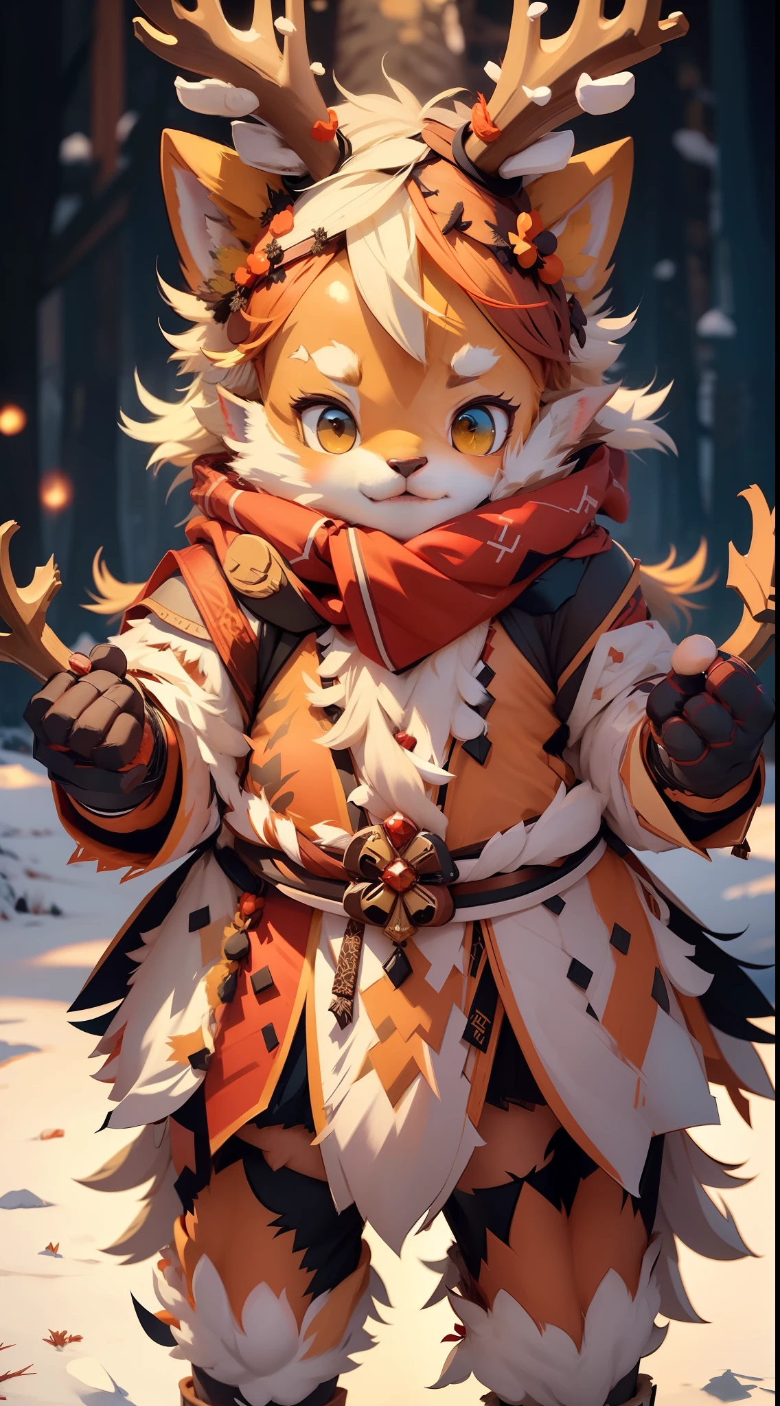 Reindeer antlers,Reindeer ears,Reindeer tail,Reindeer legs are fluffy:2 furry beastmen,Best quality at best,high detal,Light lips,Realistic movie lighting kawaii cute 1 girl yellow hair coral eyes,Slightly fat,Furry,fleshy feeling