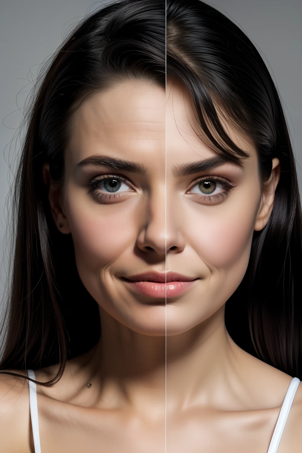 The left half of the face adds a lot of wrinkles and dull skin
