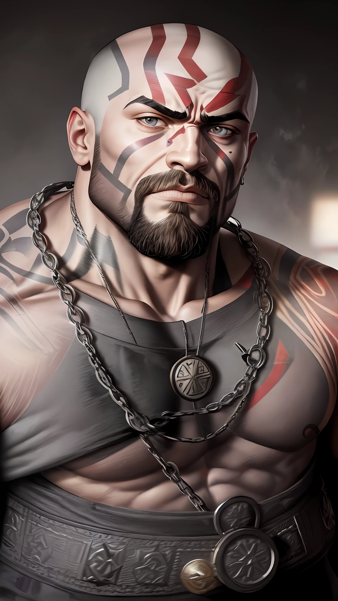 Man with a tattoo on his face and a chain on his neck, Retrato de Kratos, Kratos, Sam Hyde em God of War 4, Dwayne Johnson como Kratos, Deus da Guerra, deus da guerra 2 0 1 8, Dwayne Johnson como Deus da Guerra, inspirado em Volkan Baga, epic portrait of menacing, fan art