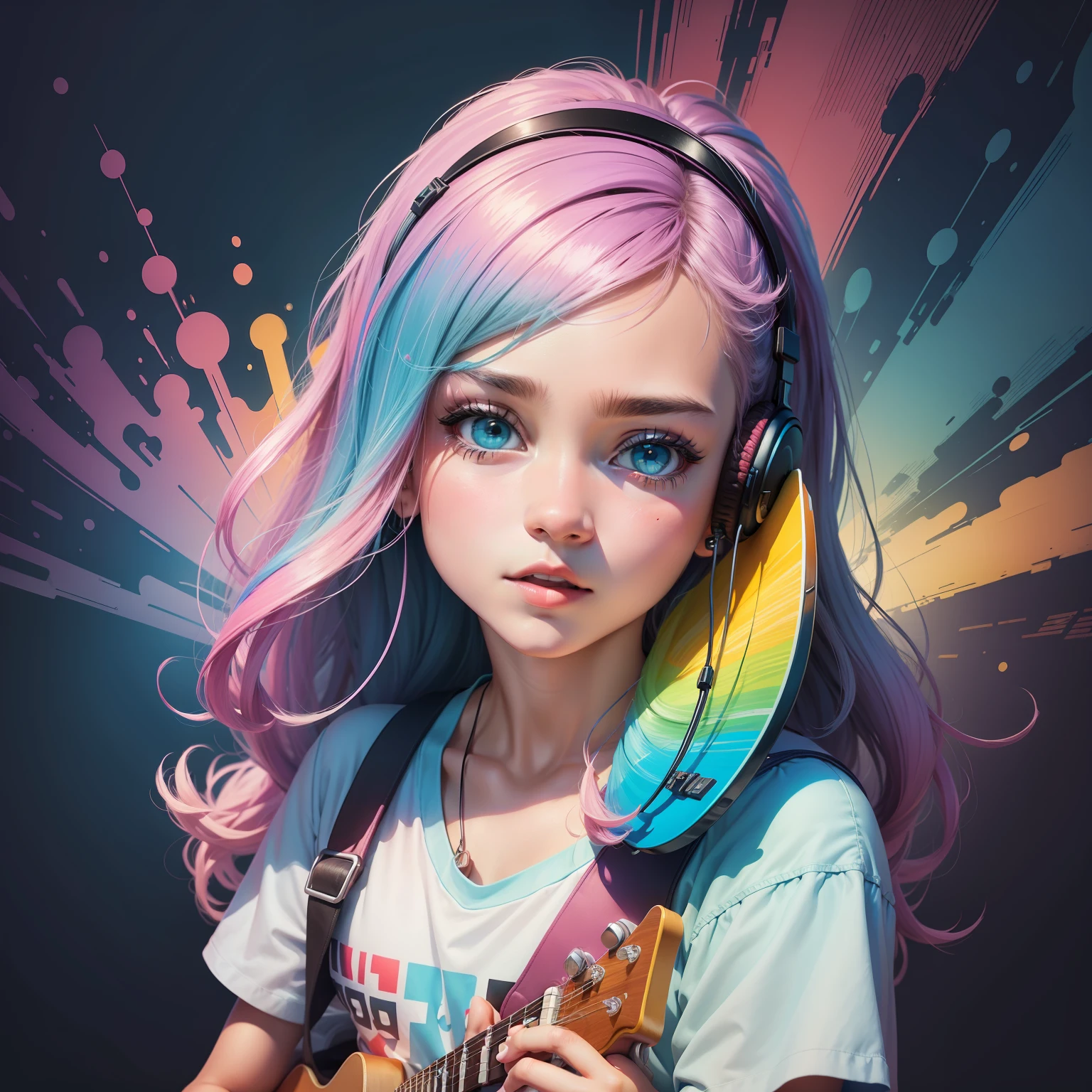 crie uma imagem para estampa de um adolescente com tema musica e bem colorido ESTILO DE DESENHO DE ARTE DIGITAL COLORIDO