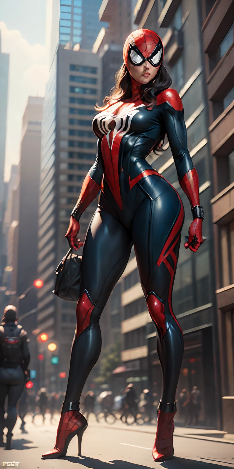 female Spider-man from Marvel, big breasts, frontal, full-length, looking at the camera, facing the audience, standing pose, Manhattan background, three-dimensional light, detailed full-body concept, sleek digital concept art, beautiful full-body concept art, art trend, CGsociety full-length,