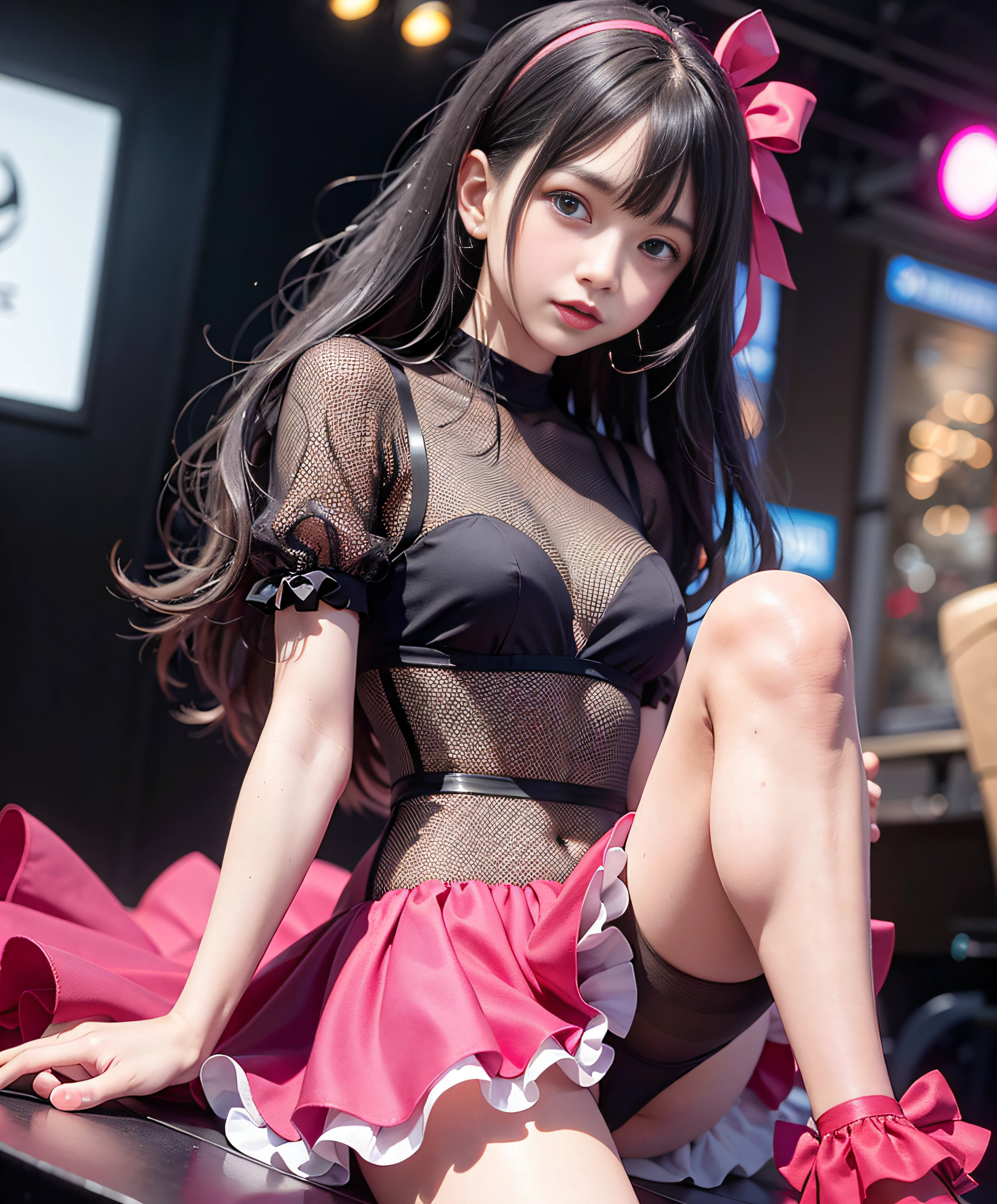 女の子1人、Idol、stage、solofocus、((Mini See-Through Dress))、elbow dress、Black Niso、Pink ruffles、a miniskirt、bow ribbon、One leg raised、Floating hair、Looking at the camera、frontage、spot light、Dynamism、thighs thighs thighs thighs、Glossy skin