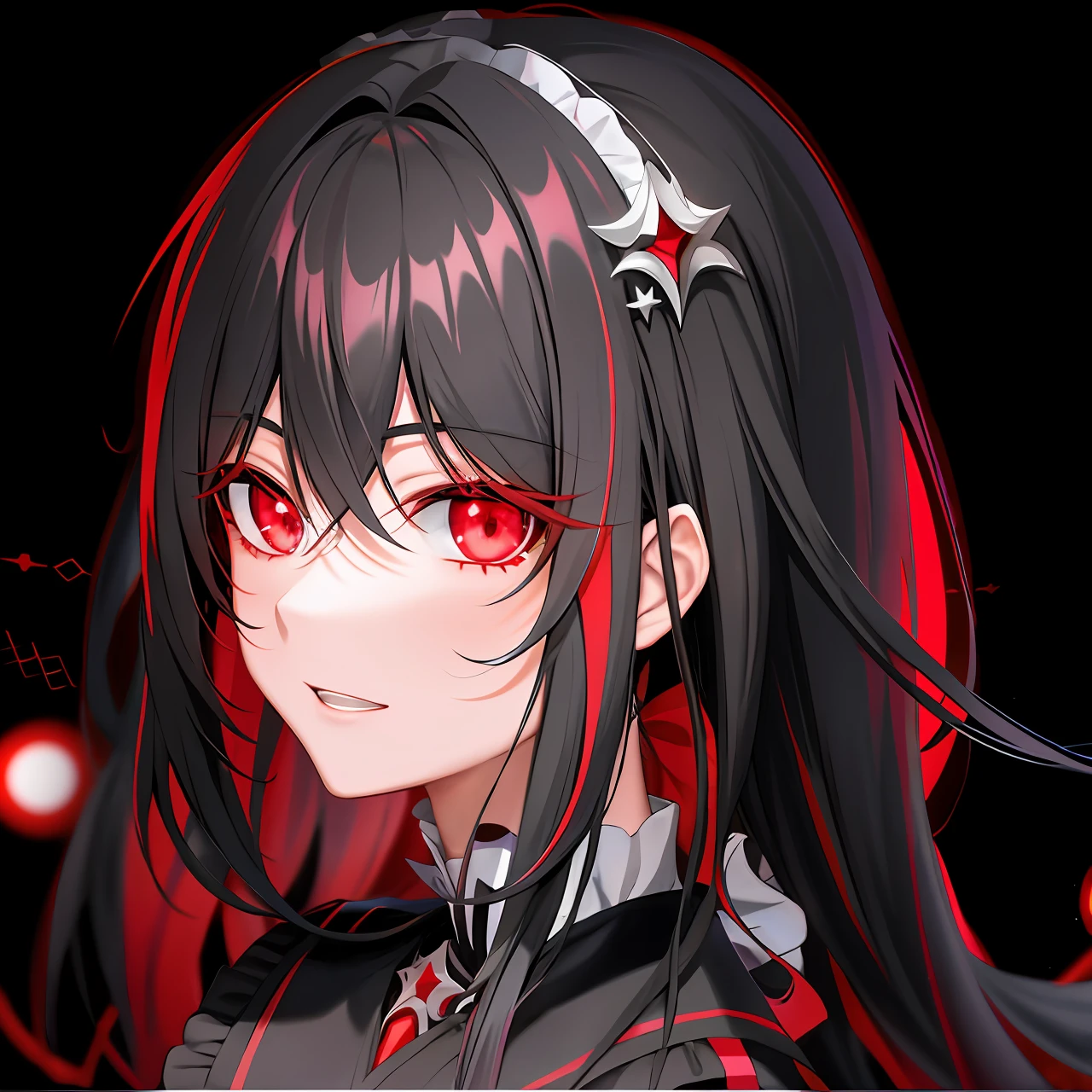 Anime girl with long black hair and red eyes staring at something, author：Hosomura Kane, with red glowing eyes, gapmoe yandere grimdark, black anime pupils in her eyes, with glowing red eyes, portrait gapmoe yandere grimdark, Haggard eyes and black hair, demon anime girl, gapmoe yandere, inspired by Jin Homura, with red eyes