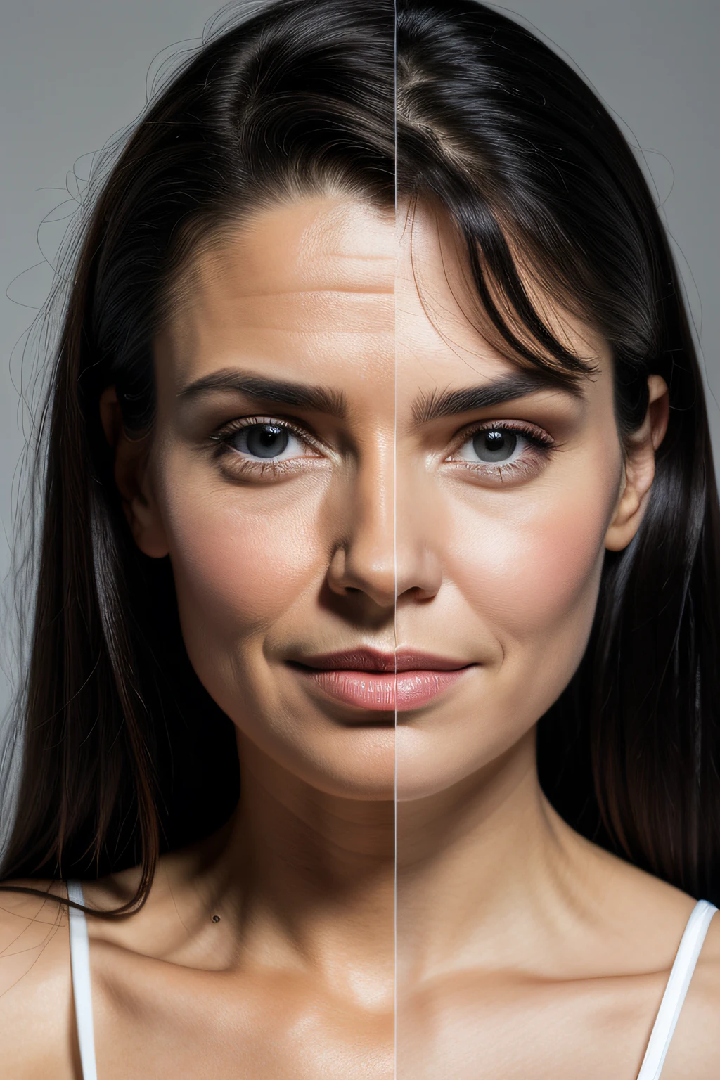 The left half of the face adds a lot of wrinkles and dull skin