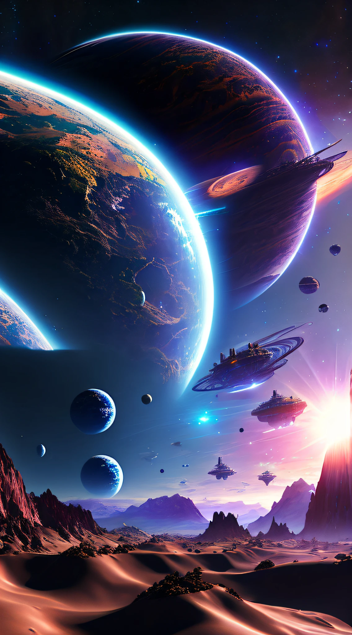 Looking out from the space station, the landscape would be breathtaking. The station would be located in the midst of an endless expanse of dark, star-studded space, with a distant planet visible on the horizon. The planet would be a majestic, multi-colored sphere, covered in swirling clouds and dotted with mountains and oceans.
Around the station, there would be a flurry of activity, as spacecraft come and go, transporting supplies, equipment, and personnel. Some of the ships would be sleek and streamlined, while others would be bulky and utilitarian, designed for heavy lifting and long-haul transport.
The space station itself would be a marvel of engineering, a gleaming hub of metal and glass that extends out into space like a giant spider web. The modules that make up the station would be connected by slender, curved arms, each one bristling with communication antennae, solar panels, and scientific instruments.
As the station orbits the planet, the landscape below would change, revealing new vistas and hidden wonders. There might be massive craters, towering volcanoes, or deep canyons that stretch for miles. The colors of the planet would shift as the sun rises and sets, casting long shadows across the landscape and illuminating hidden valleys and peaks.
Despite the vastness of space and the sheer scale of the landscape, the space station would be a beacon of life and activity, a testament to the ingenuity and determination of human beings to explore and conquer the unknown. (((masterpiece))), ((best quality)), realistic, 8k, ultra-detailed, realistic, scenery, ConceptArt, Highly detailed RAW color Photo, side Angle, (lens flare:0.7), particle effects, raytracing, cinematic lighting, shallow depth of field, photographed on a Sony Alpha 1, 50mm wide angle lens, sharp focus, cinematic film still, dynamic pose., 1 planet,