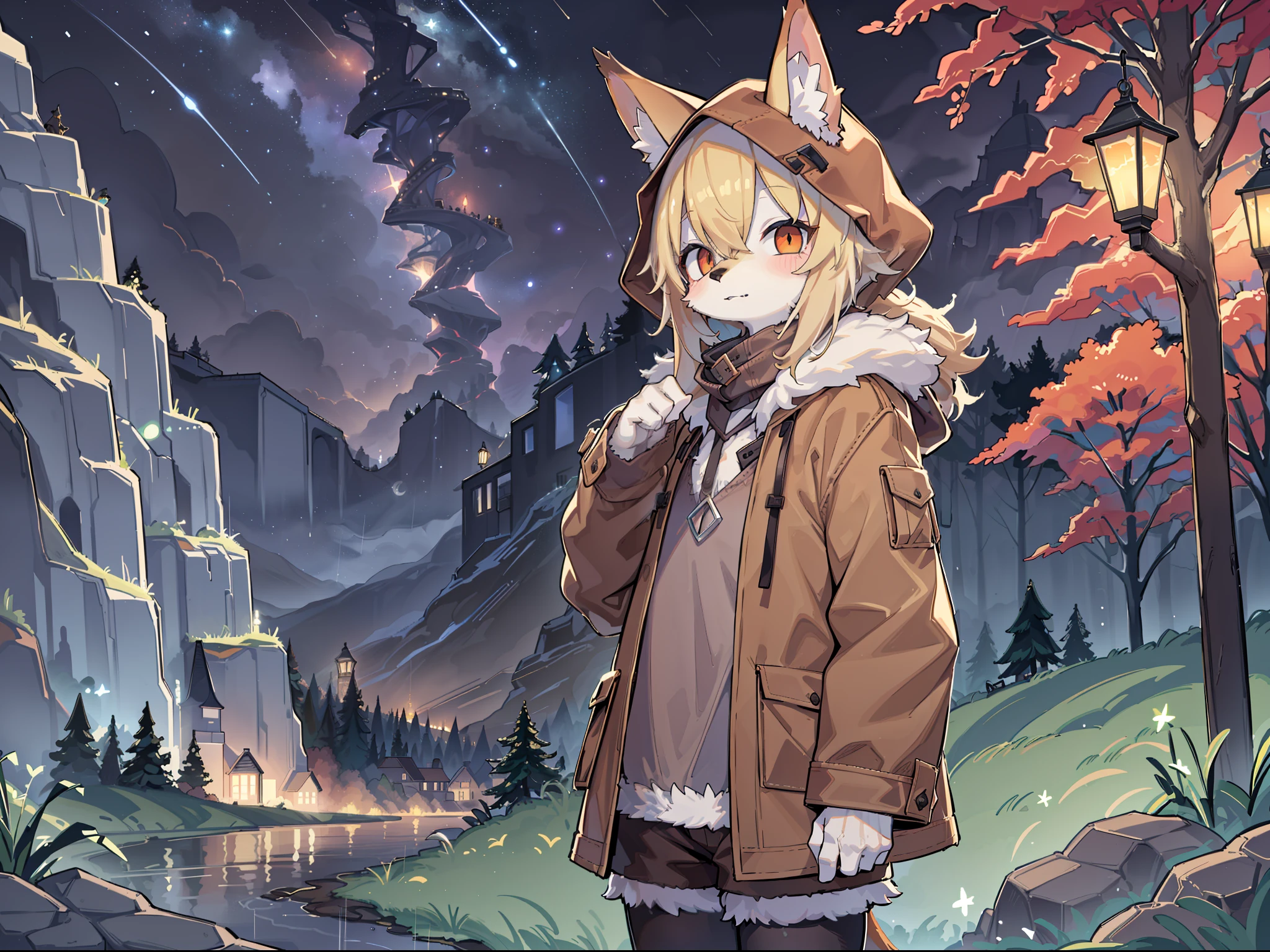 Shota the fox,hairy pubic,shaggy,Skin fur,Golden fur,Golden yellow face fur,Short straight blonde hair,Eyes have light,Red eyes,Brown elements on fur,Brown coat brown hood up,Star pattern white top,brown shorts,Beautiful lights and shadows,Ambient light,Ultra-fine fur,volumettic light,natural lightting,Fluffy tail,No Man, Lake, montage, dark scenery, rain,lichen,There is no other life,Night,starrysky,Vast landscape,crossed bangs, Hairline, Shiny hair, lone nape hair, ,Dilated pupils,Sleepy,(moon full:1.2),(meteors:0.9),(Starcloud:1.3)(Warm light source:1.2),Rained,wetclothes, (overcast sky, Standing downpour:1.1), Extra-long sleeves, Purple and orange,Complicated details,Volumetriclighting,Realist breakthrough(tmasterpiece:1.2)(best qualtiy),4K,Ultra-delicate,(Dynamic configuration:1.4),Highly detailed and colorful details,(Irridescent color :1.2),(luminouslighting,Atmospheric lighting),dream magical,magic,(独奏:1.2)Glowing light,Empty eyes ,Alone, Lonely