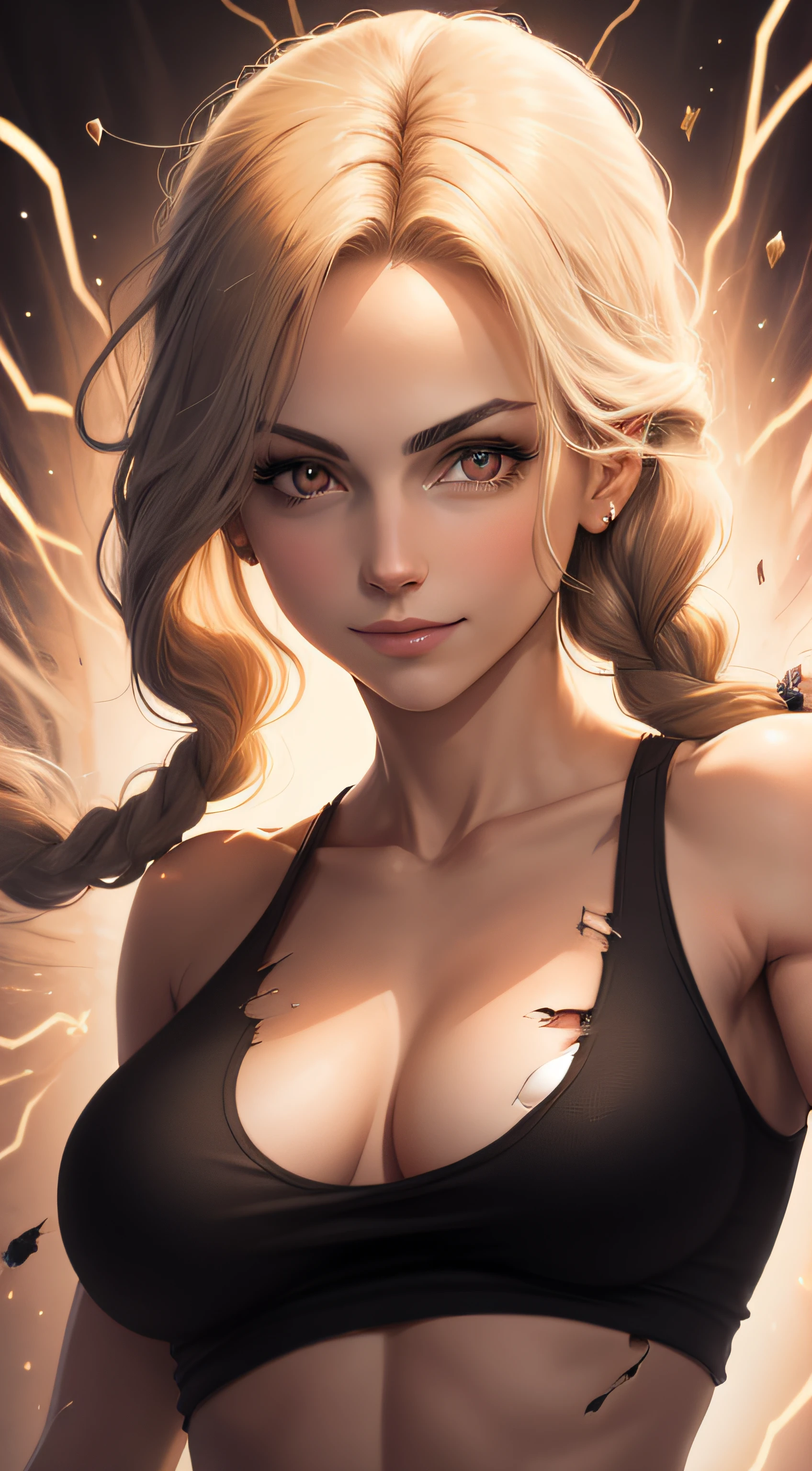 best quality, masterpiece, upper body, (adult:1.6) hungarian woman, (smirk:0.4), braided golden hair, sparkling eyes, floating light particles, centered, medium breasts, dynamic pose, wearing black torn tanktop