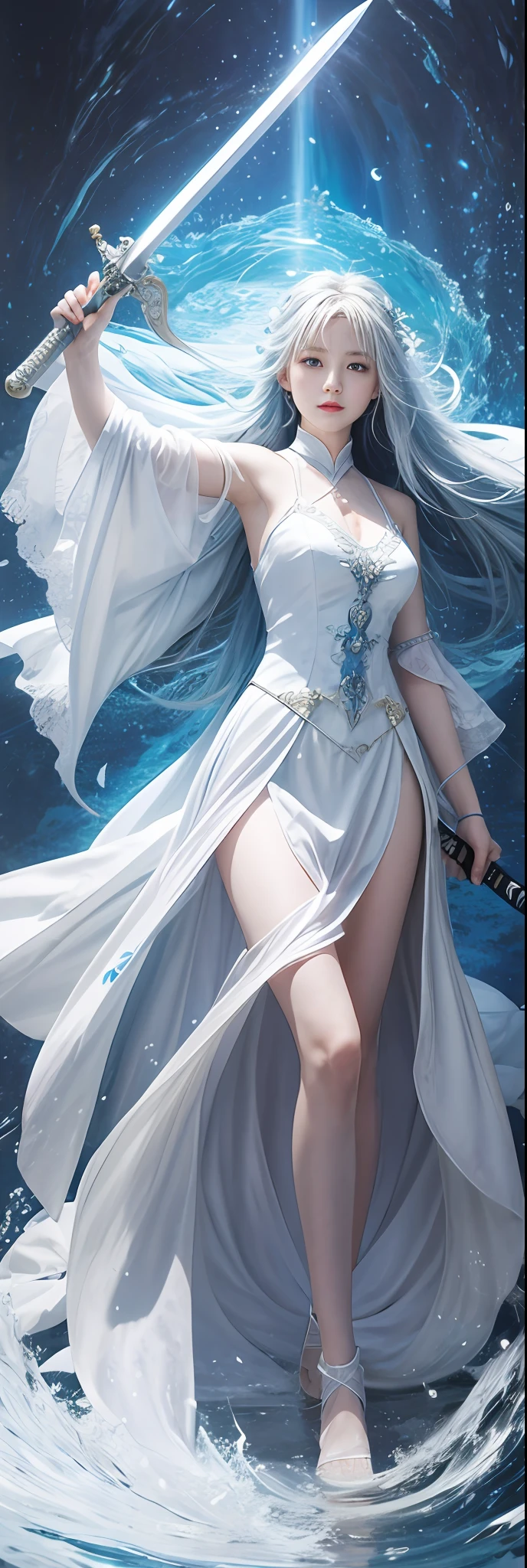 Anime girl wearing white dress,Sword and blue dress, Kushatt Krenz Key Art Women, sword and wand – water, she is holding a sword, Guviz-style artwork, By Leng Mei, Ross Tran 8 K, NeoArtcore和Charlie Bowater(charlie bowater), flowing magical robe, by Yang J