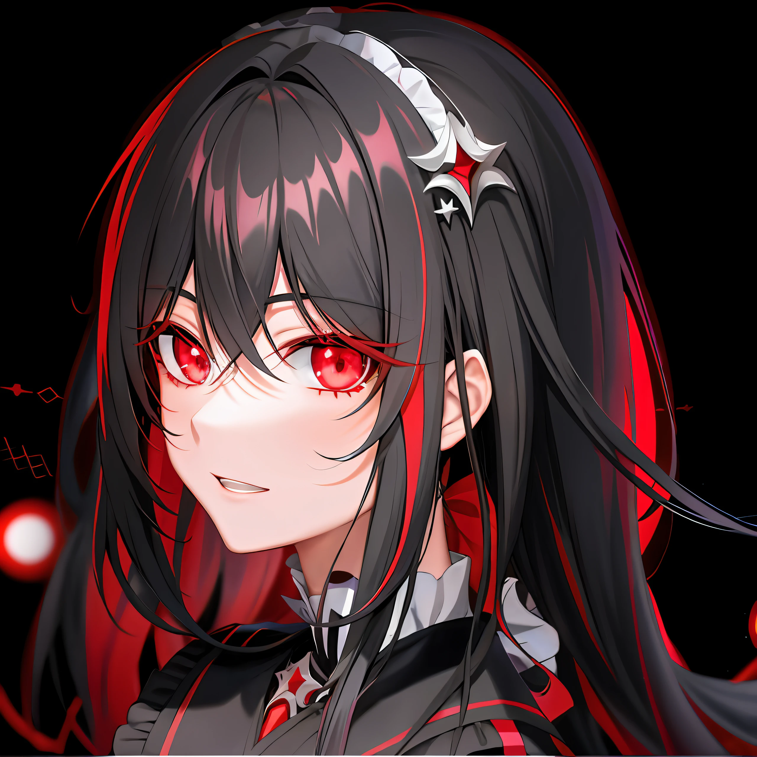 Anime girl with long black hair and red eyes staring at something, author:Hosomura Kane, with red glowing eyes, gapmoe yandere grimdark, black anime pupils in her eyes, with glowing red eyes, portrait gapmoe yandere grimdark, Haggard eyes and black hair, demon anime girl, gapmoe yandere, inspired by Jin Homura, with red eyes