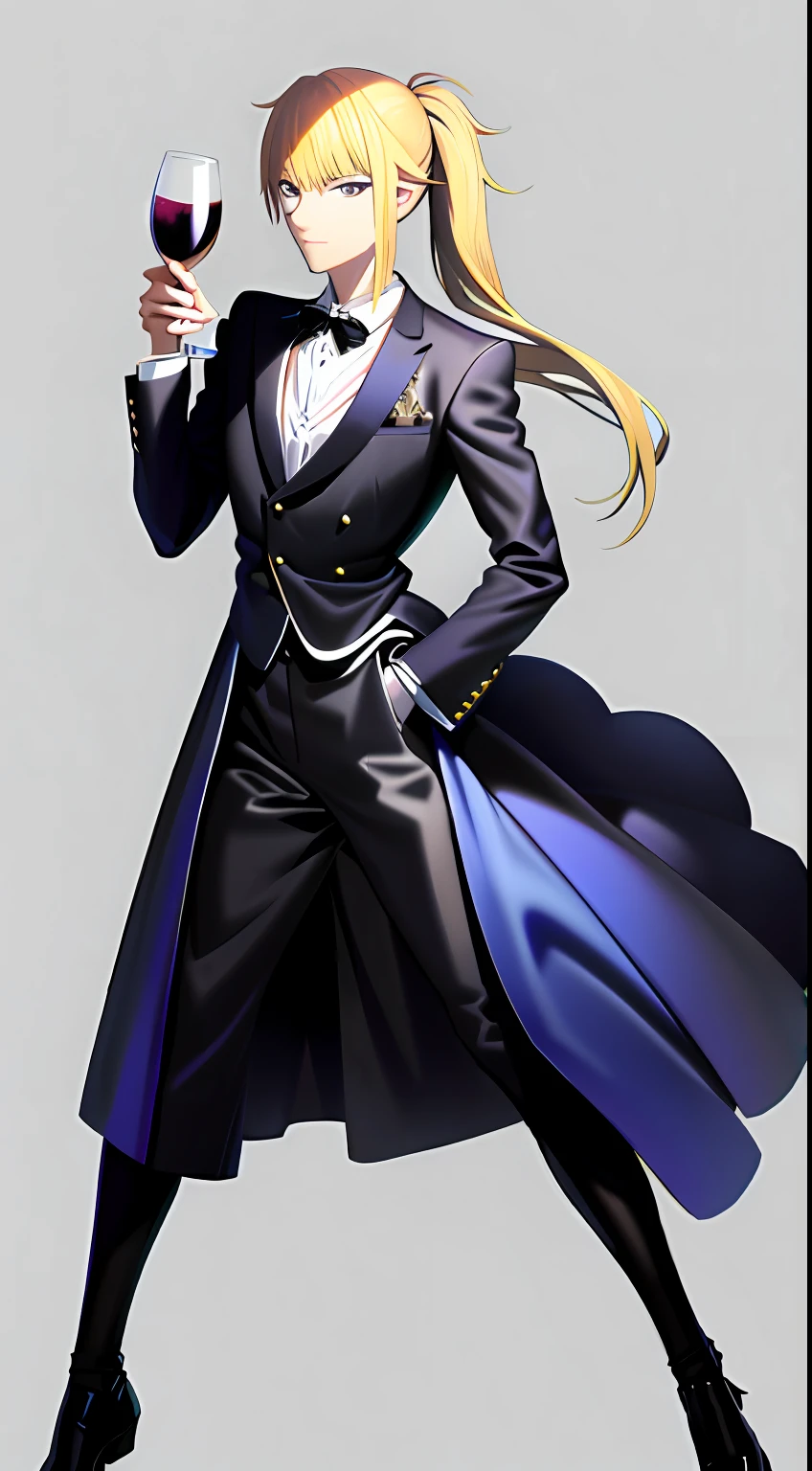 Anime man in suit and tie holding a glass of wine, Delicate androgynous prince, Beautiful androgynous prince, handsome guy in demon killer art, Handsome anime pose, Anime handsome man, wearing a black noble suit, highly detailed exquisite fanart, male anime character, Anime portrait of a handsome man, anime key visual of elegant, Black long ponytail with black eyes，In the background is a high dinner party where wine glasses collide，Couture dress