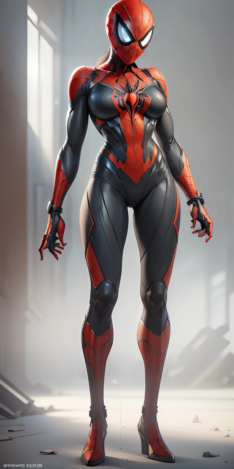 female Spider-man from Marvel, big breasts, frontal, full-length, looking at the camera, facing the audience, standing pose, simple background, three-dimensional light, detailed full-body concept, sleek digital concept art, beautiful full-body concept art, art trend, CGsociety full-length,