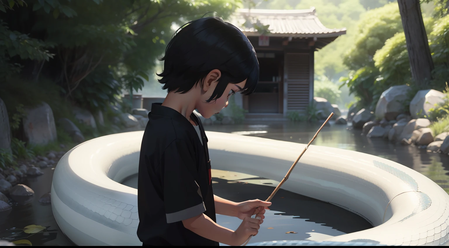 A seven-year-old boy、Short black hair、Decide、Stick、careful、Pick it home、Huge and long、White Snake
