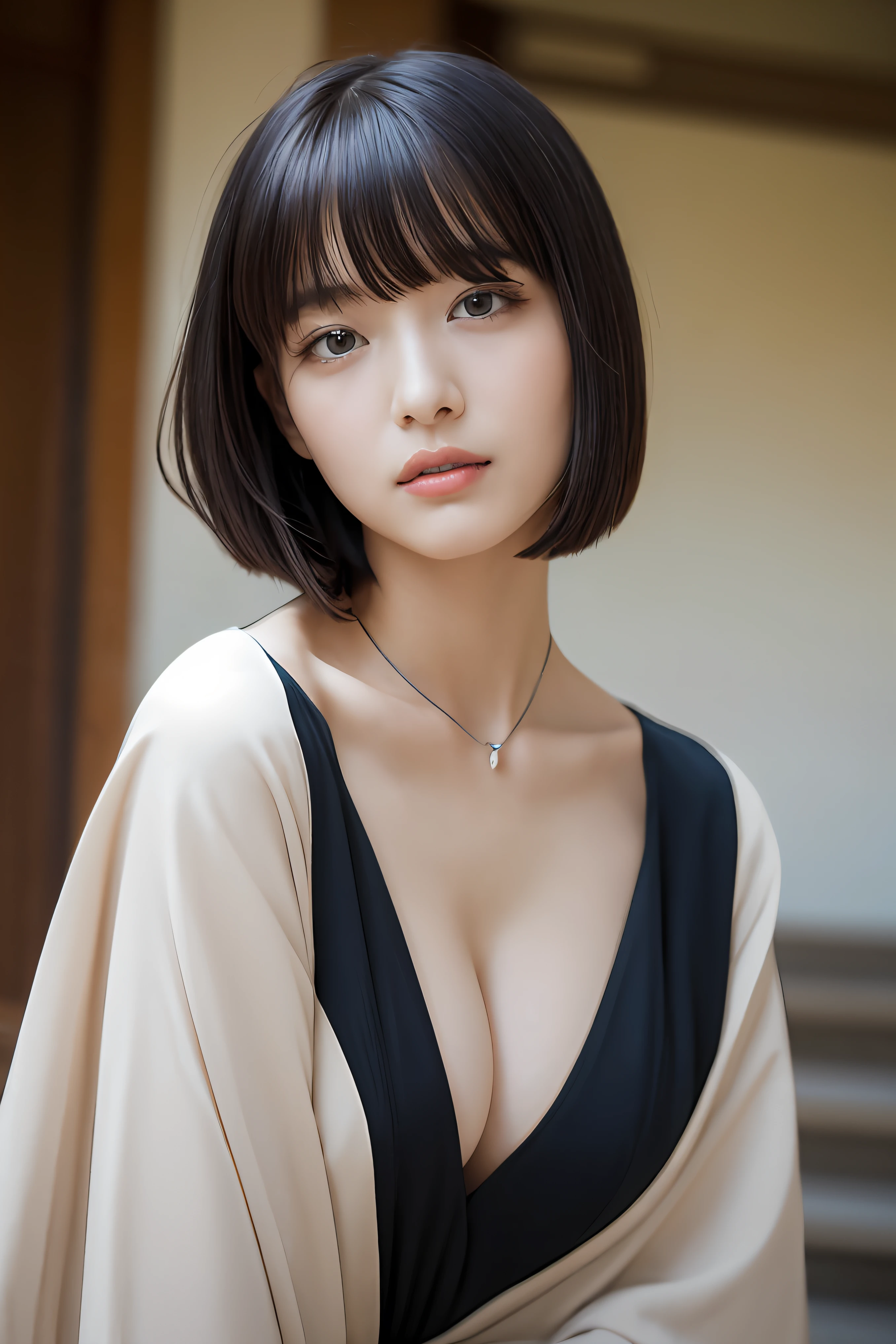 1人、Shiny hair、A dark-haired、On-eyebrow bangs、Short Bob Cut Hair、Nicely aligned neckline、cute little、beatiful detailed eyes、Akame、Vampires、Teeat breast、small tits、White underwear、Wearing a black kimono、Squat movements、The main hall of the Japan Temple、Keep your back straight,Perfect Anatomy、depth of fields、Center the subject、(Photorealsitic:1.4)、fullllbody、extra detailed face、a scene from a movie、Natural Day Light