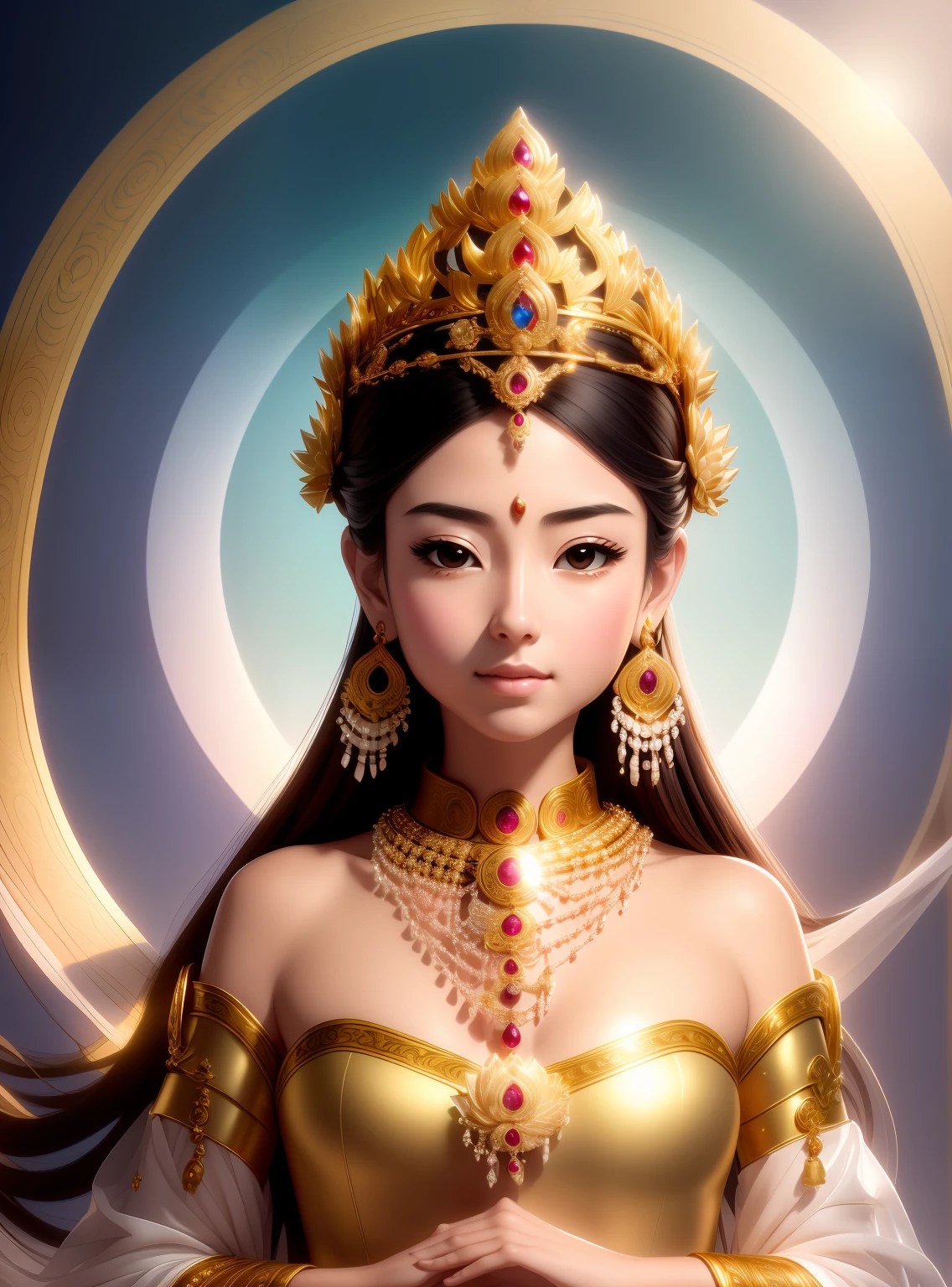 In Elysium，Beautiful 16-year-old princess sitting on a large lotus flower，Wearing a delicate gold crown，Full face，Rounded jaw，A very blessed face，Lotus in hand，Barefoot on both feet，The corners of the mouth are slightly upturned，Look at the camera with a gentle expression，choker necklace，Nobile，Yingluo，chest jewel，Armour，jewelery，Pedras preciosas，Gorgeous and noble costumes，Cross-shoulder top，The sky behind the character has an aperture，Clear sky，A gorgeous fairyland-like Elysium，Jewelry decorates the space，The gold plate is filled with wishful orbs，Clean and ethereal picture，Pure and stain-free，Light，Clean，stately，opulent，Pure Land，8k 壁纸，Amazing Cleavage，tmasterpiece,Goddess of wealth,Venerable goddess,Beautiful dream world，Magical fantasy，