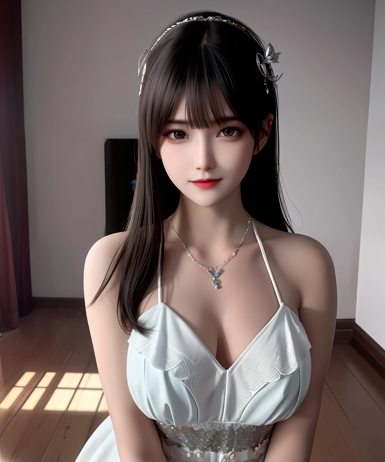Best quality, masterpiece, high resolution, 1girl, porcelain dress, hair accessories, necklace, jewelry, beautiful face, on the body, Tyndall effect, realistic, dark studio, edge lighting, two-tone lighting, (high detail skin: 1.2), 8k UHD, dslr, soft light, high quality, volumetric light, candid, photo, high resolution, 4k, 8k, background blur,