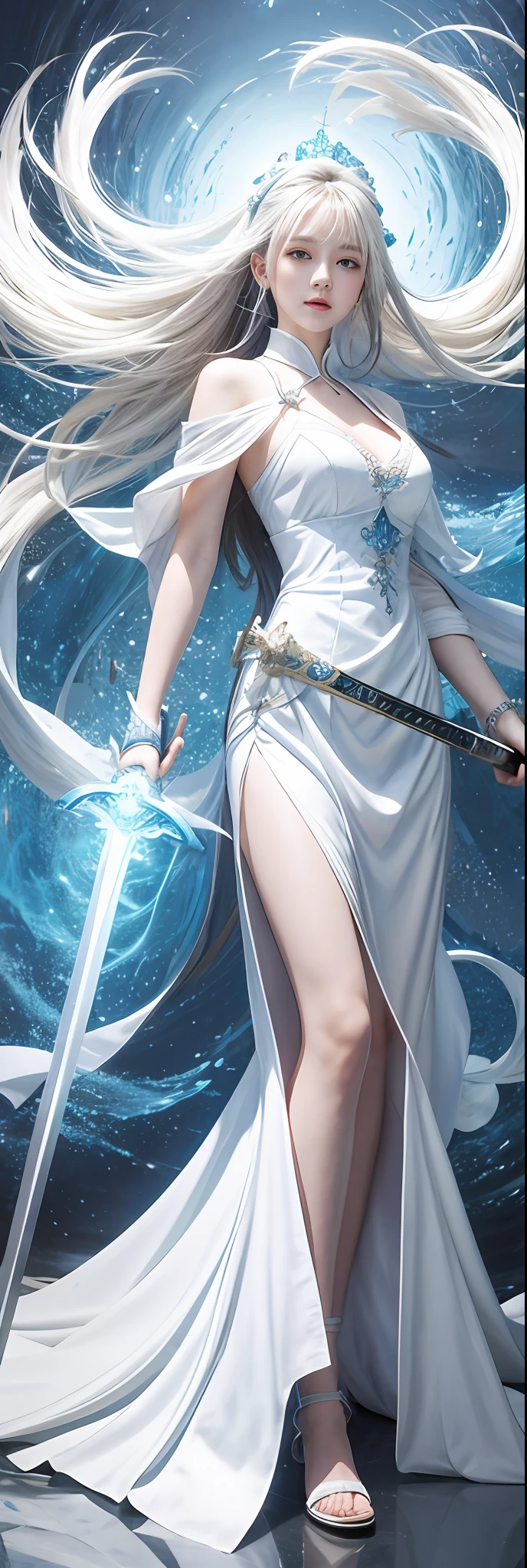 Anime girl wearing white dress,Sword and blue dress, Kushatt Krenz Key Art Women, sword and wand – water, she is holding a sword, Guviz-style artwork, By Leng Mei, Ross Tran 8 K, NeoArtcore和Charlie Bowater(charlie bowater), flowing magical robe, by Yang J